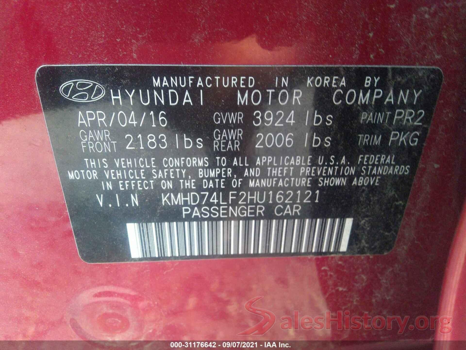 KMHD74LF2HU162121 2017 HYUNDAI ELANTRA