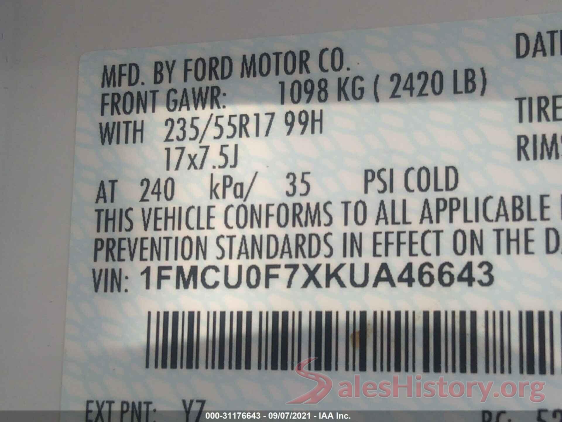 1FMCU0F7XKUA46643 2019 FORD ESCAPE