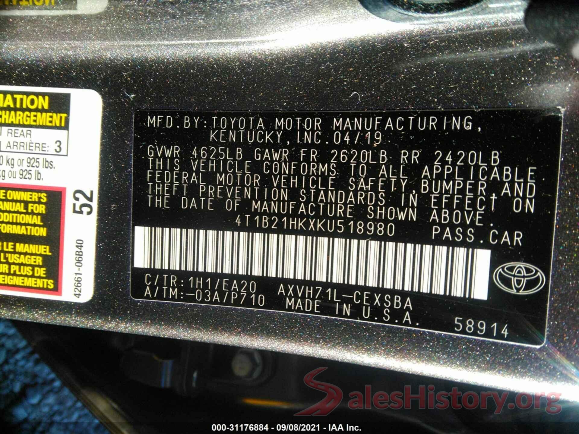 4T1B21HKXKU518980 2019 TOYOTA CAMRY