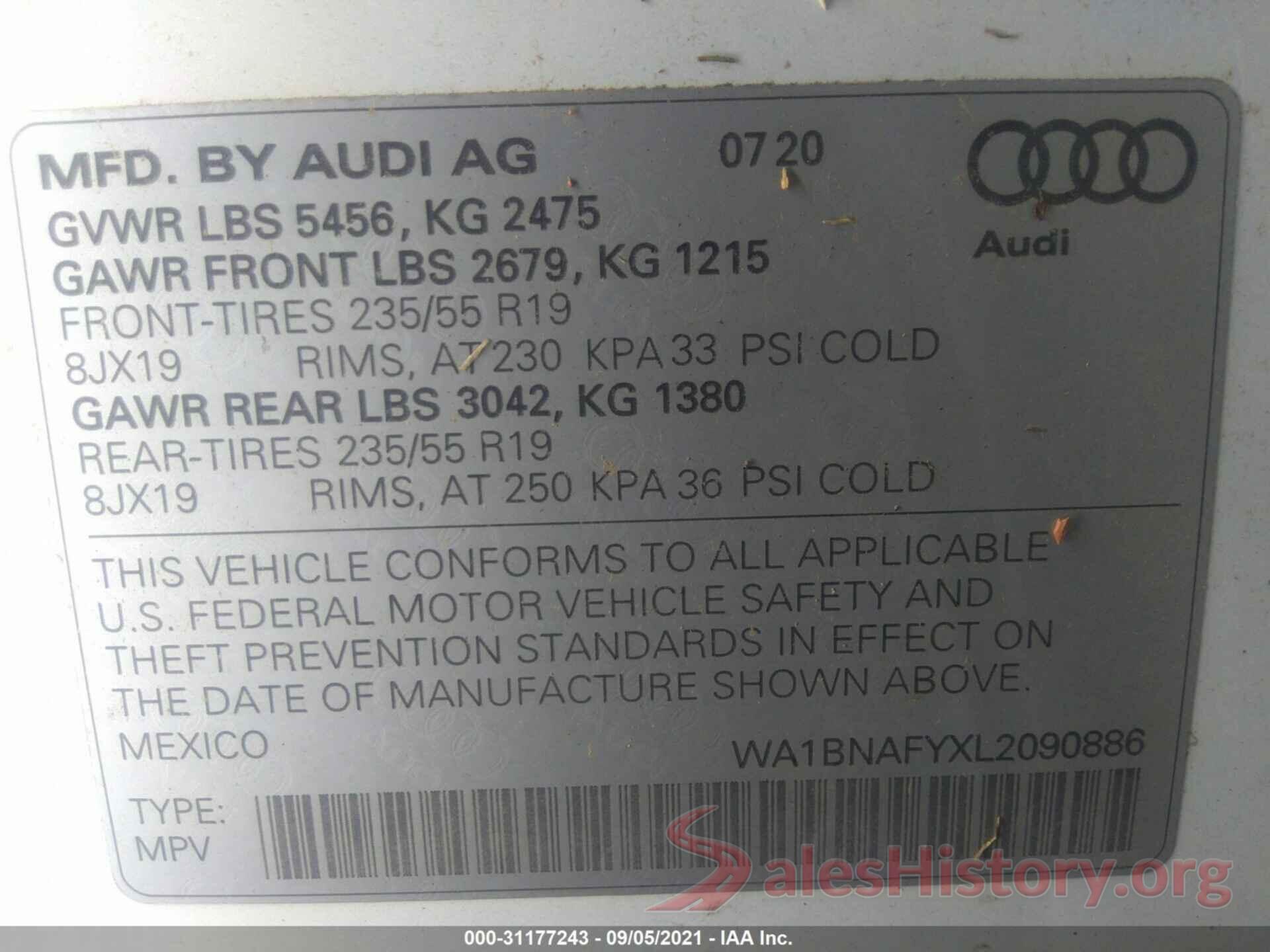 WA1BNAFYXL2090886 2020 AUDI Q5