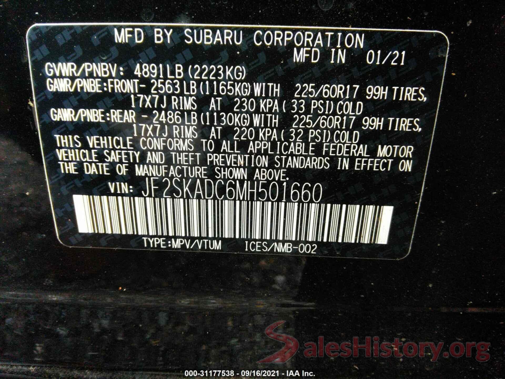 JF2SKADC6MH501660 2021 SUBARU FORESTER