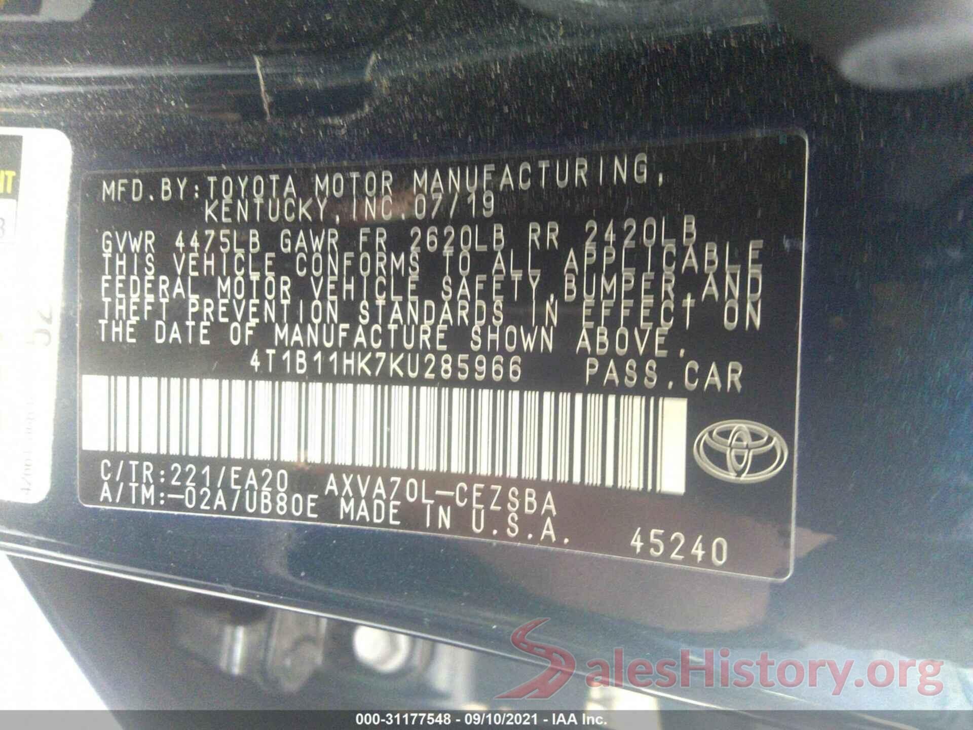 4T1B11HK7KU285966 2019 TOYOTA CAMRY