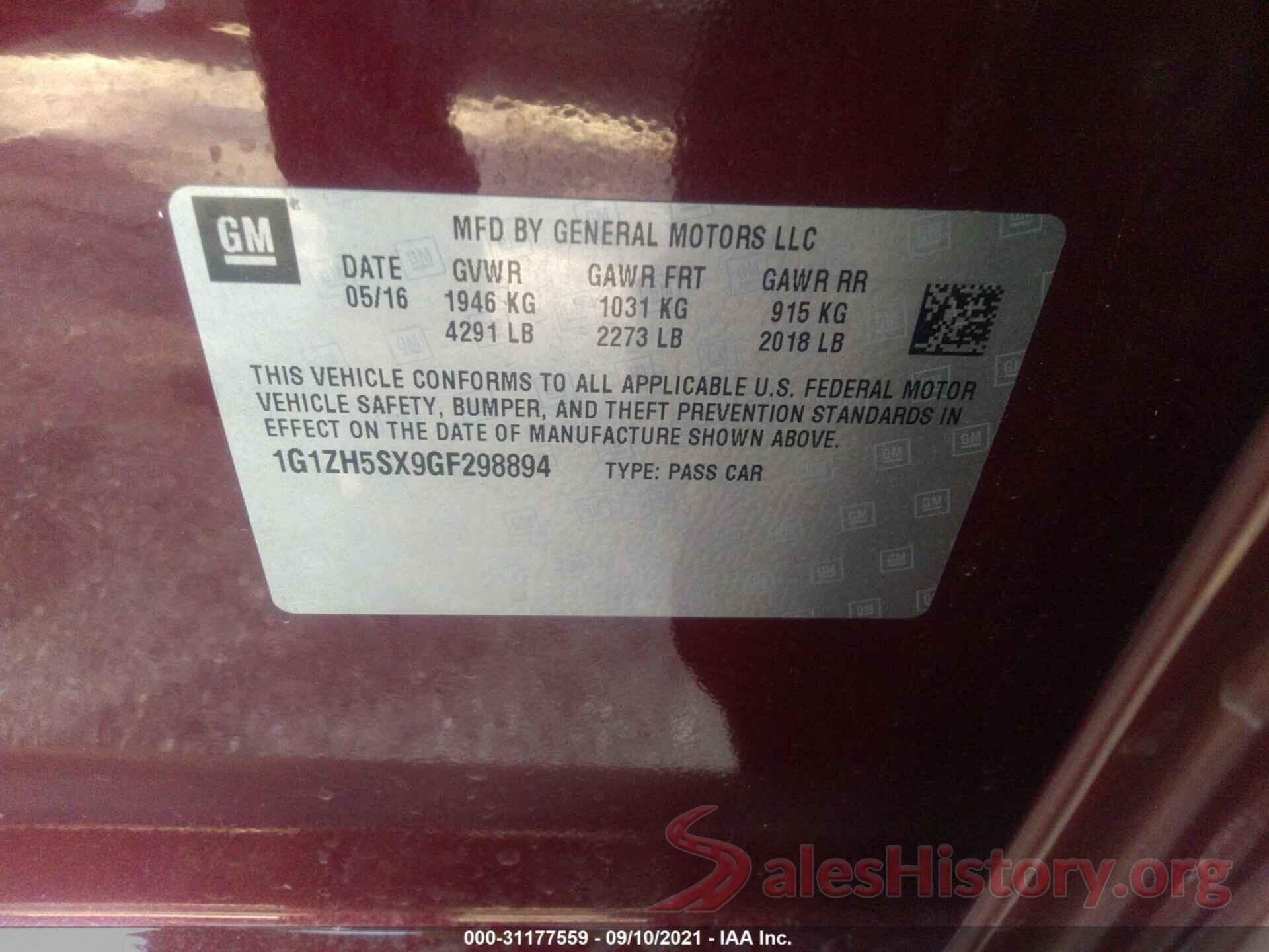 1G1ZH5SX9GF298894 2016 CHEVROLET MALIBU