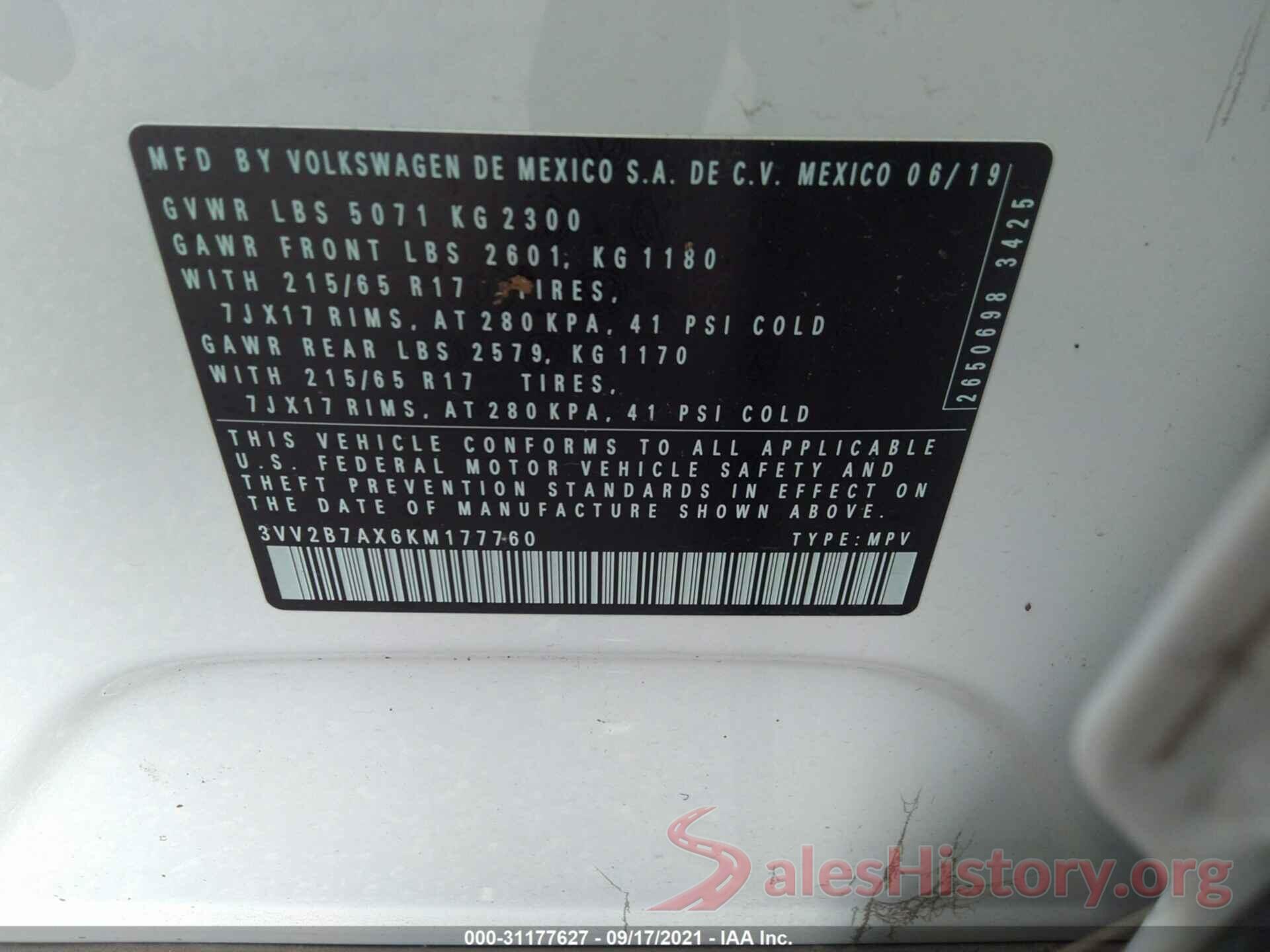 3VV2B7AX6KM177760 2019 VOLKSWAGEN TIGUAN