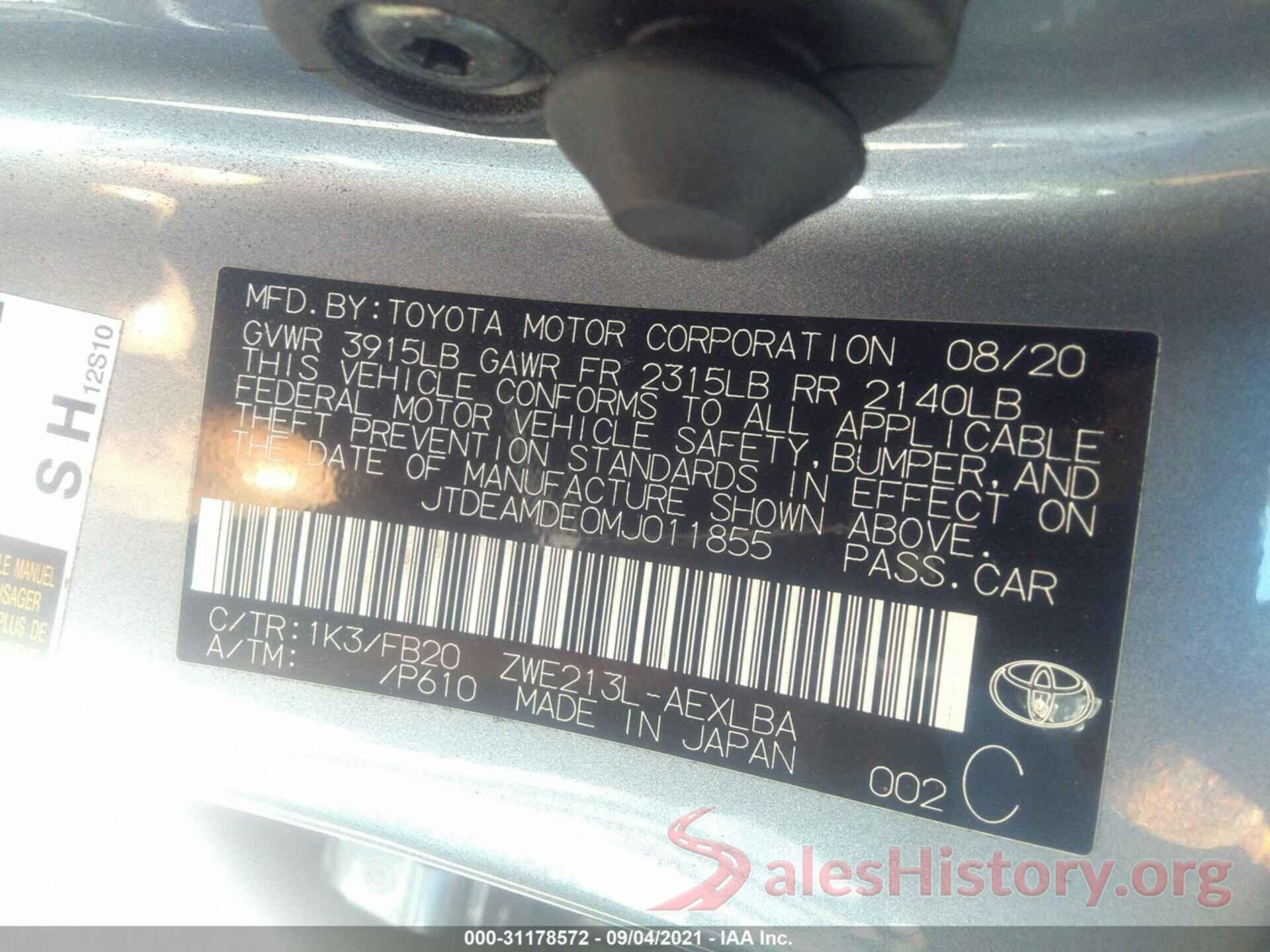 JTDEAMDE0MJ011855 2021 TOYOTA COROLLA