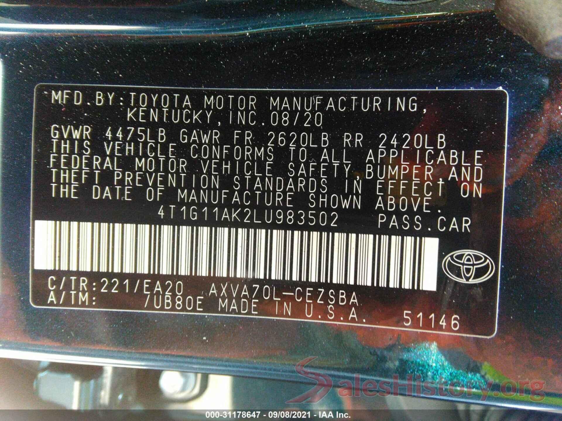 4T1G11AK2LU983502 2020 TOYOTA CAMRY