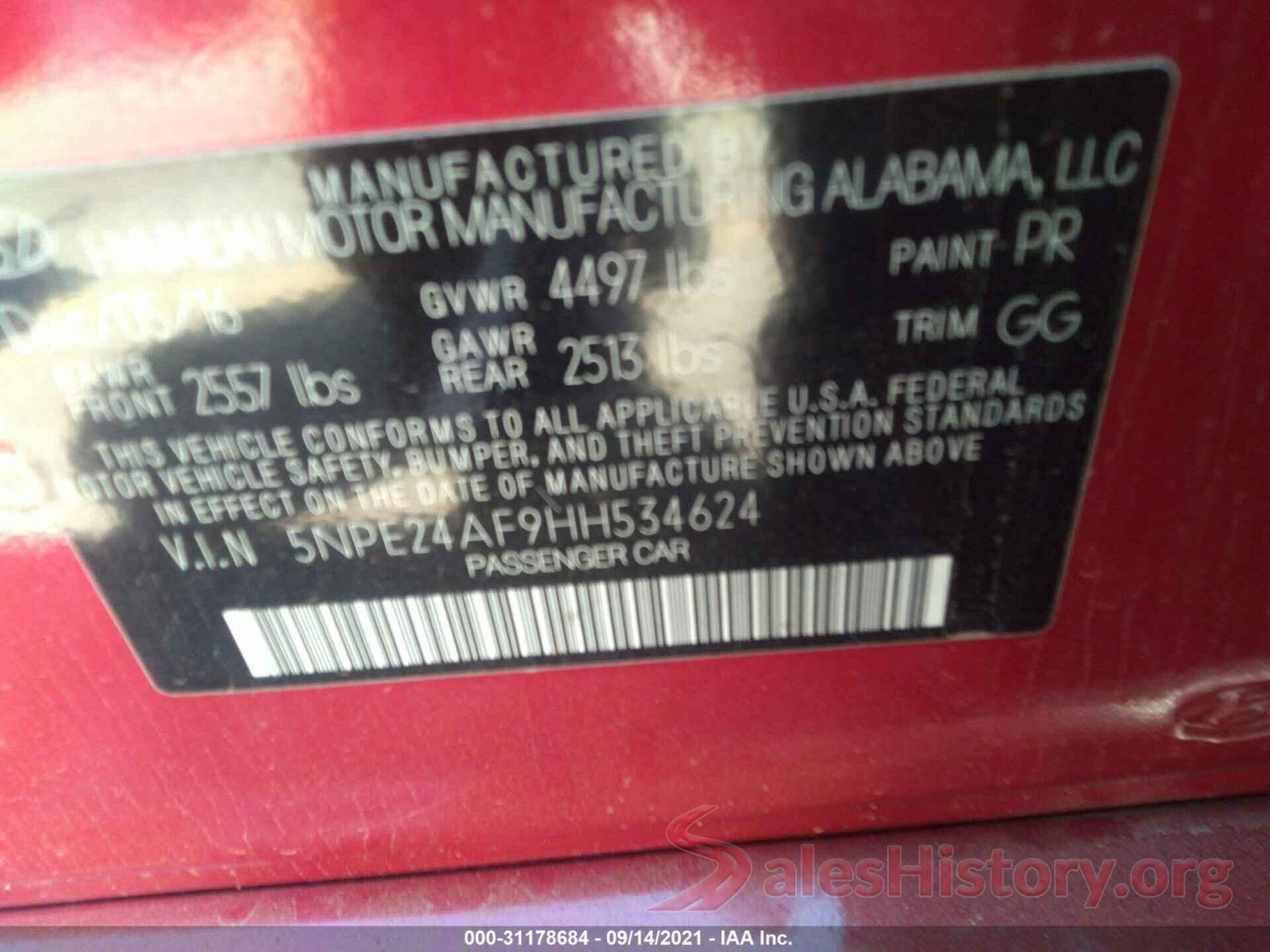 5NPE24AF9HH534624 2017 HYUNDAI SONATA