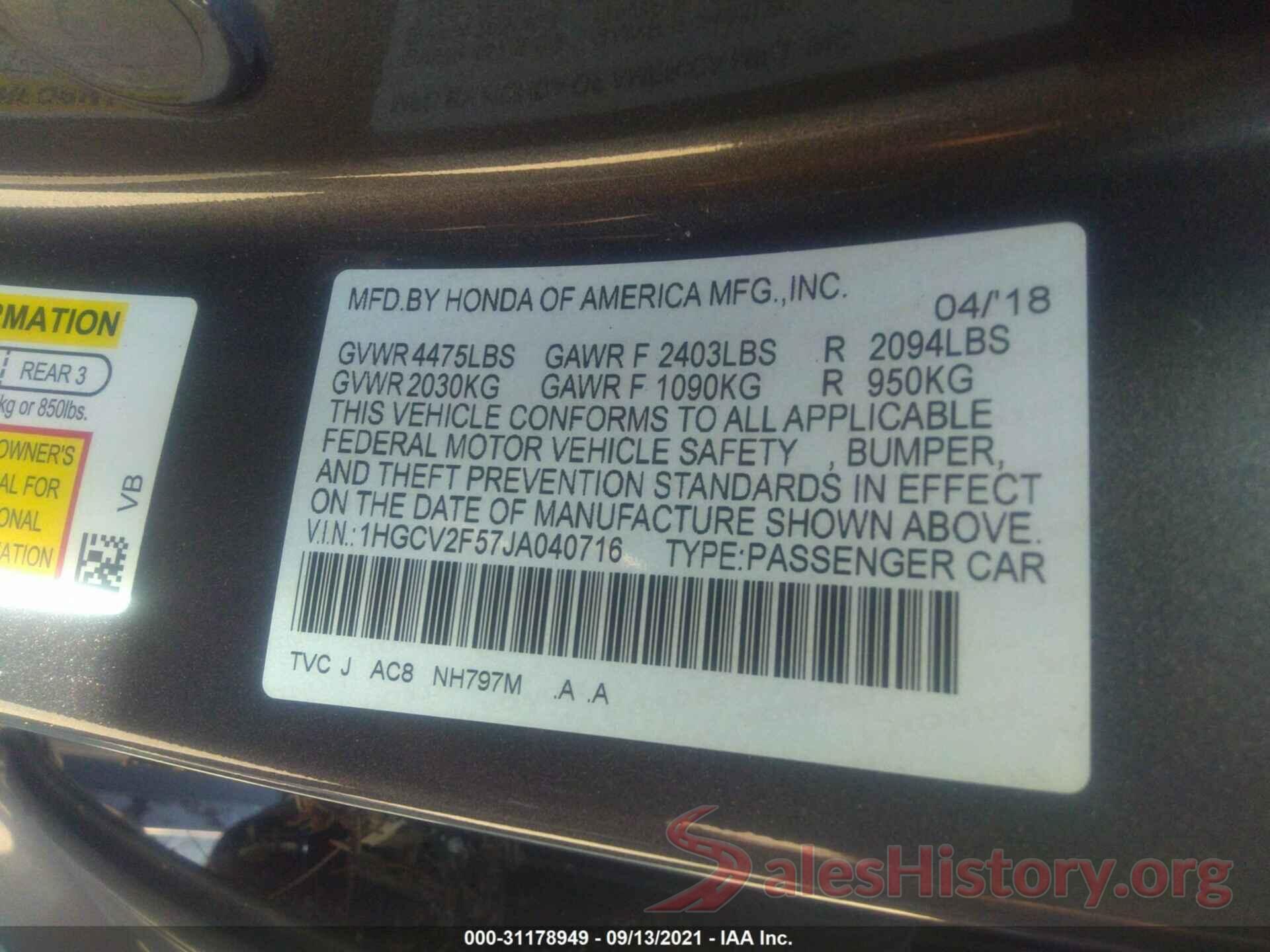 1HGCV2F57JA040716 2018 HONDA ACCORD SEDAN