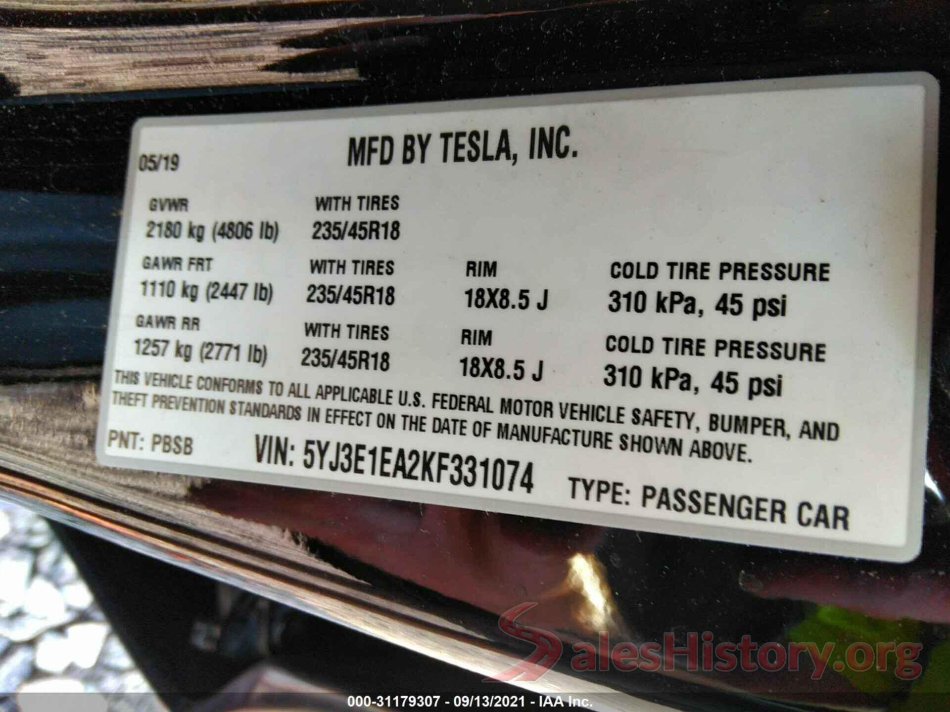 5YJ3E1EA2KF331074 2019 TESLA MODEL 3