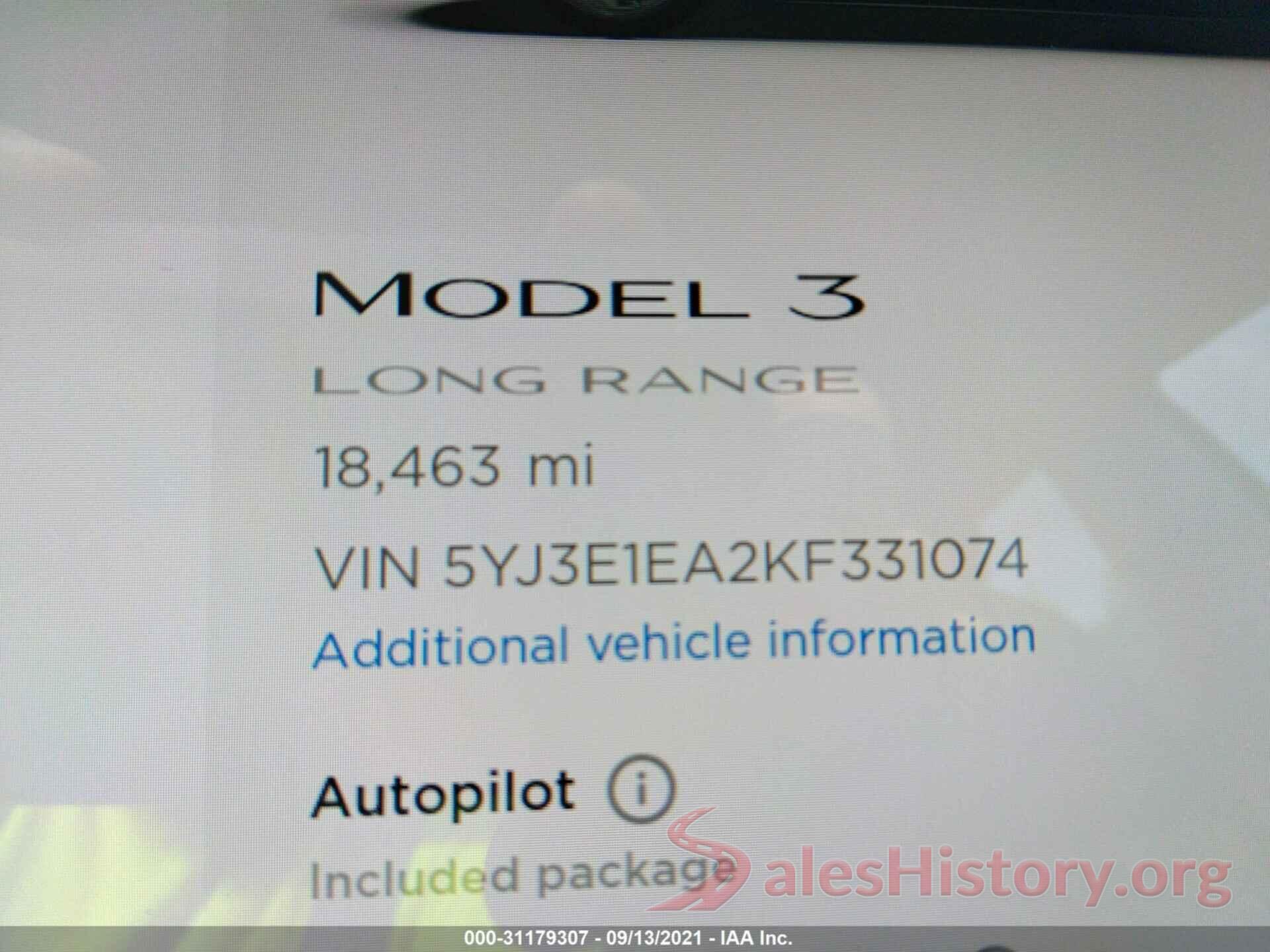 5YJ3E1EA2KF331074 2019 TESLA MODEL 3