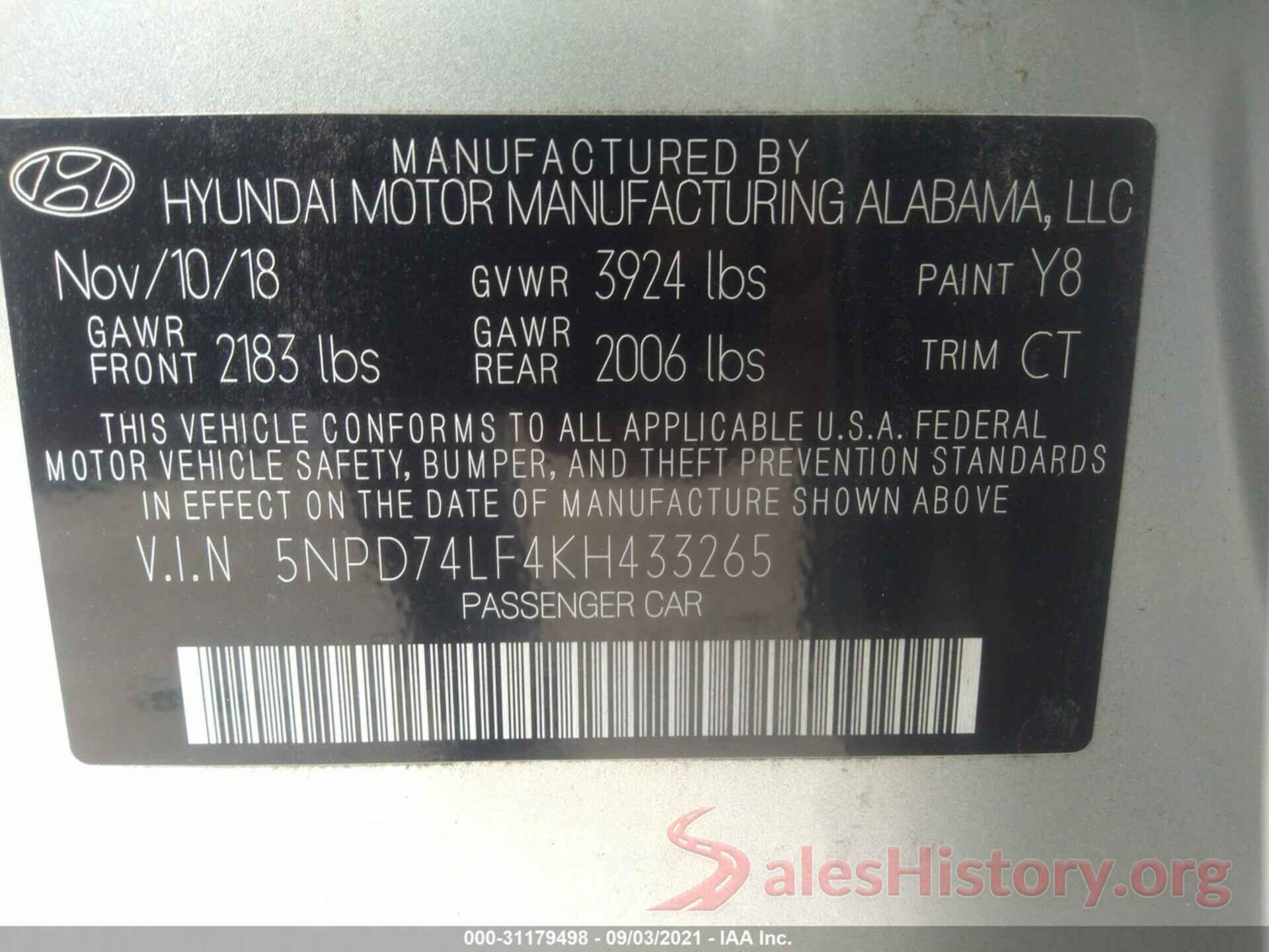 5NPD74LF4KH433265 2019 HYUNDAI ELANTRA