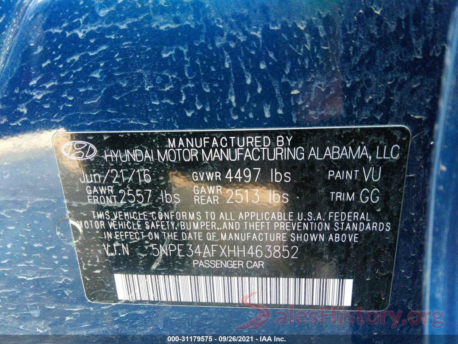 5NPE34AFXHH463852 2017 HYUNDAI SONATA