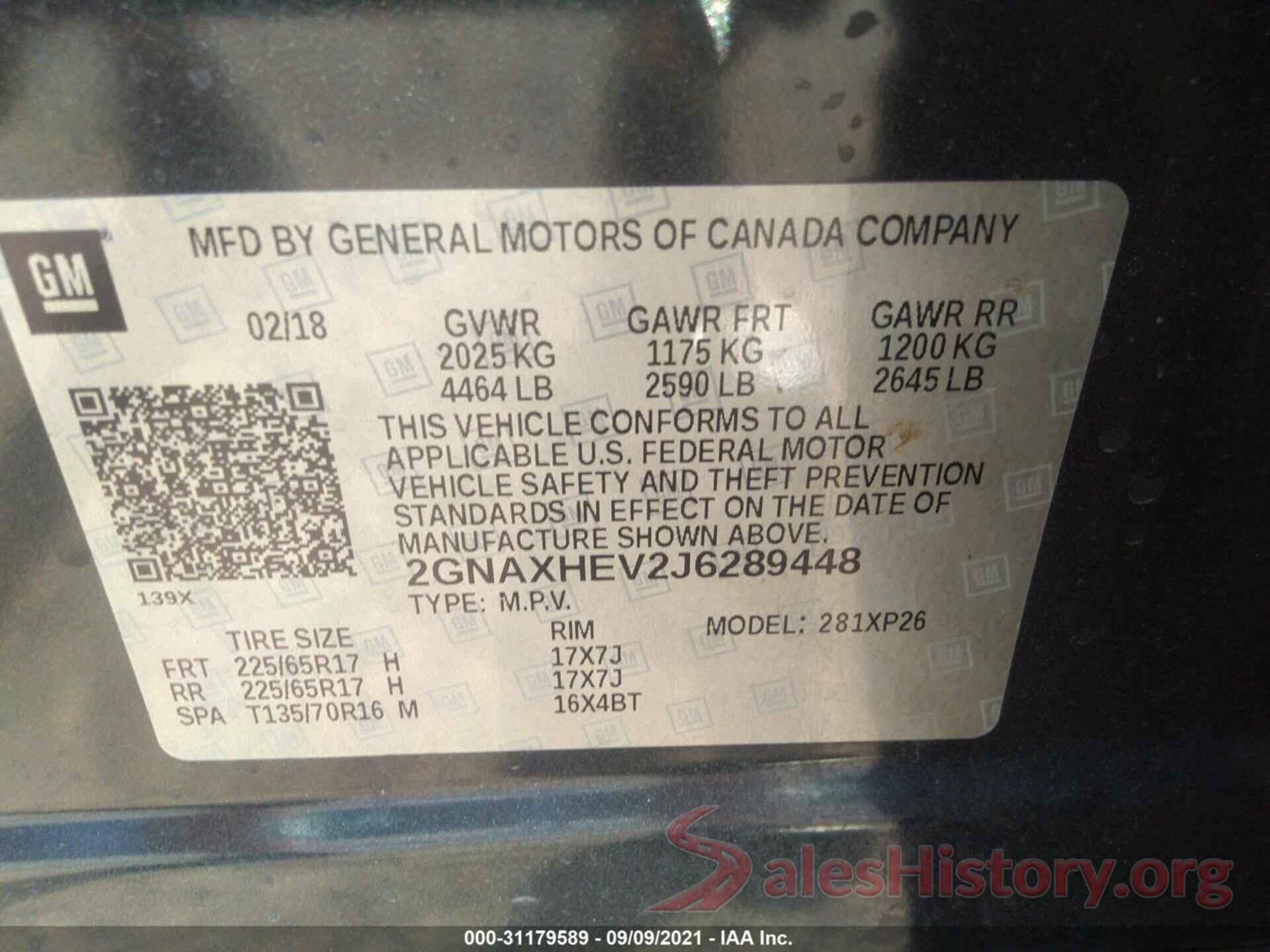 2GNAXHEV2J6289448 2018 CHEVROLET EQUINOX