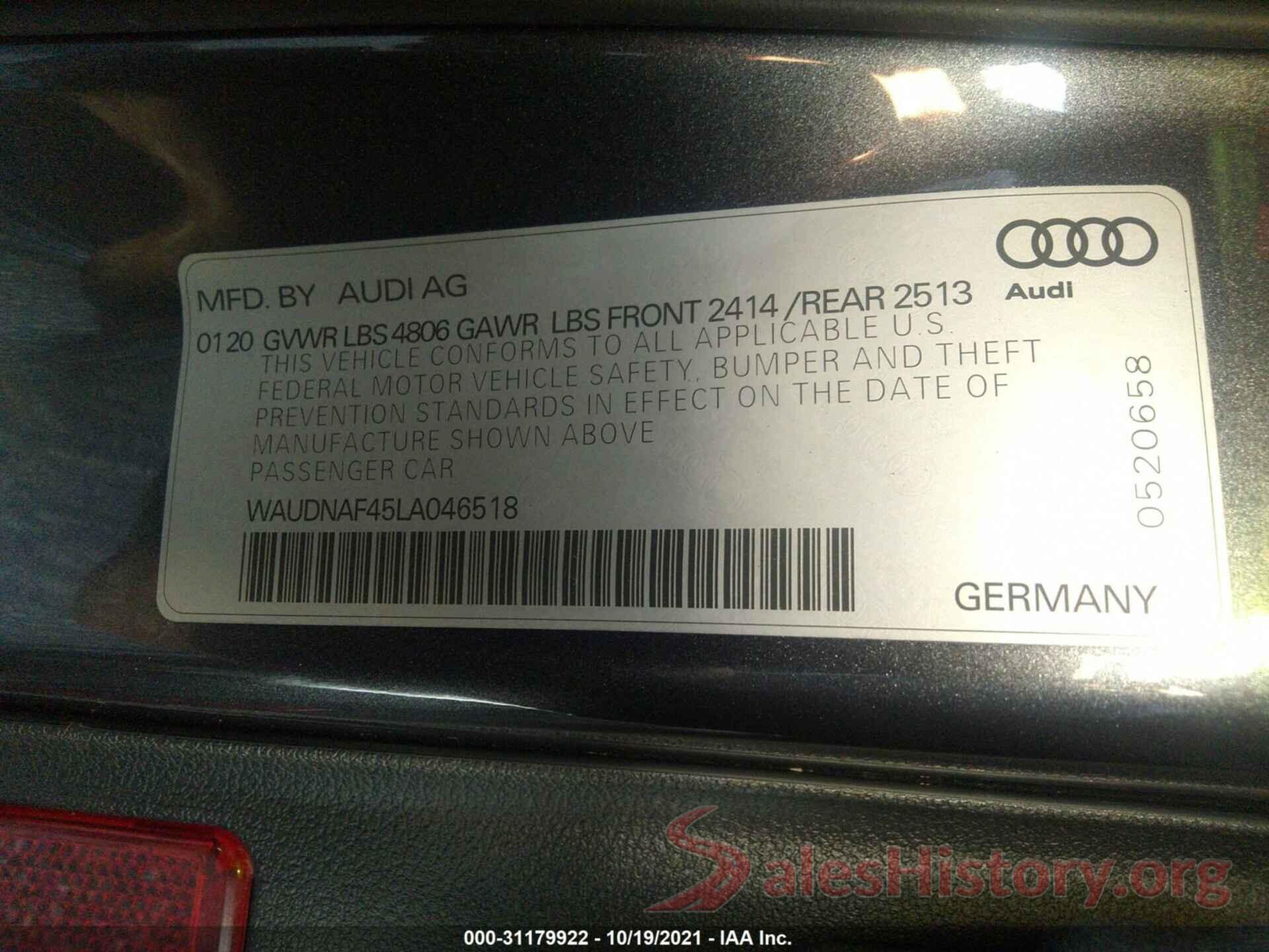 WAUDNAF45LA046518 2020 AUDI A4