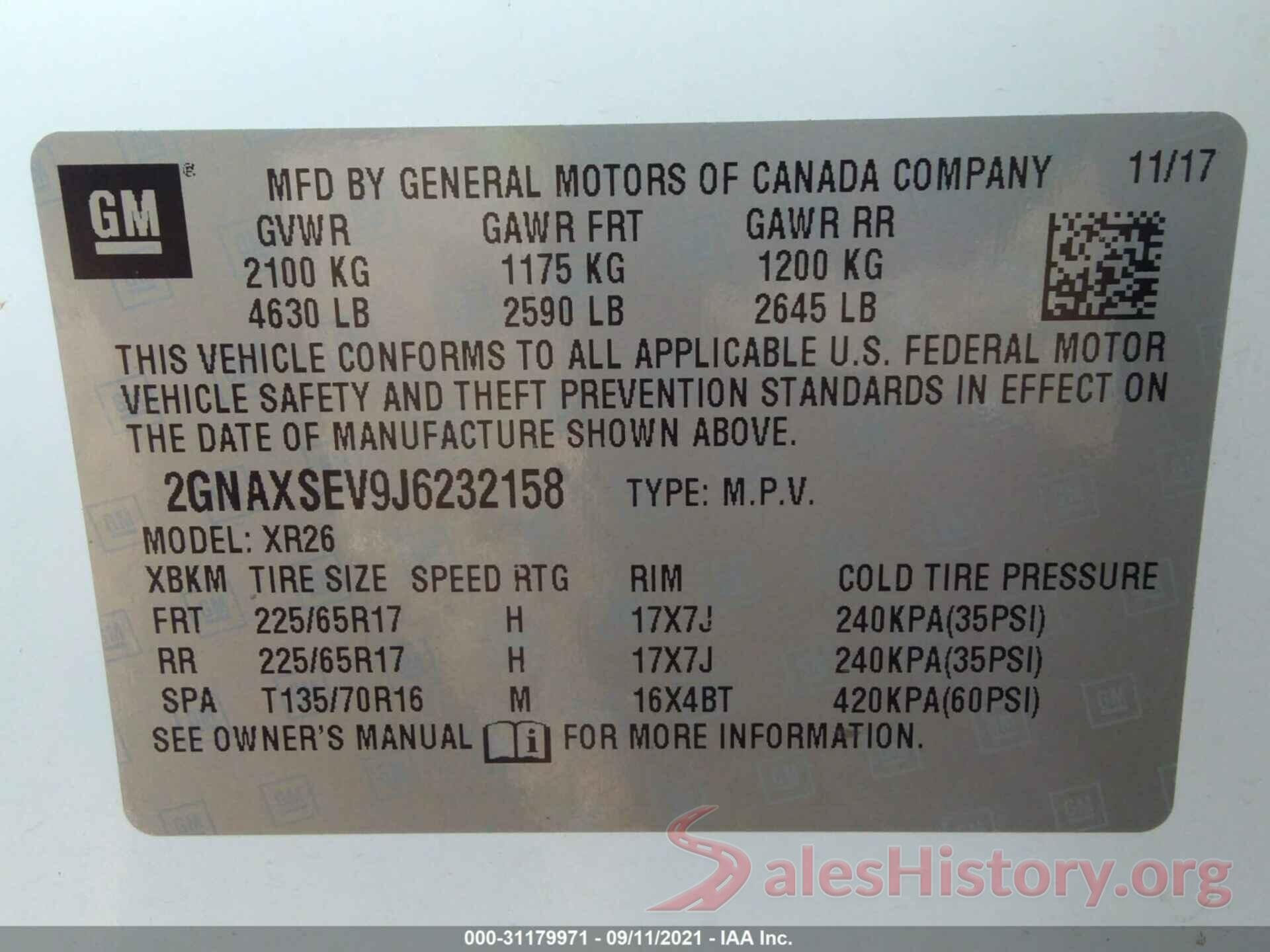 2GNAXSEV9J6232158 2018 CHEVROLET EQUINOX