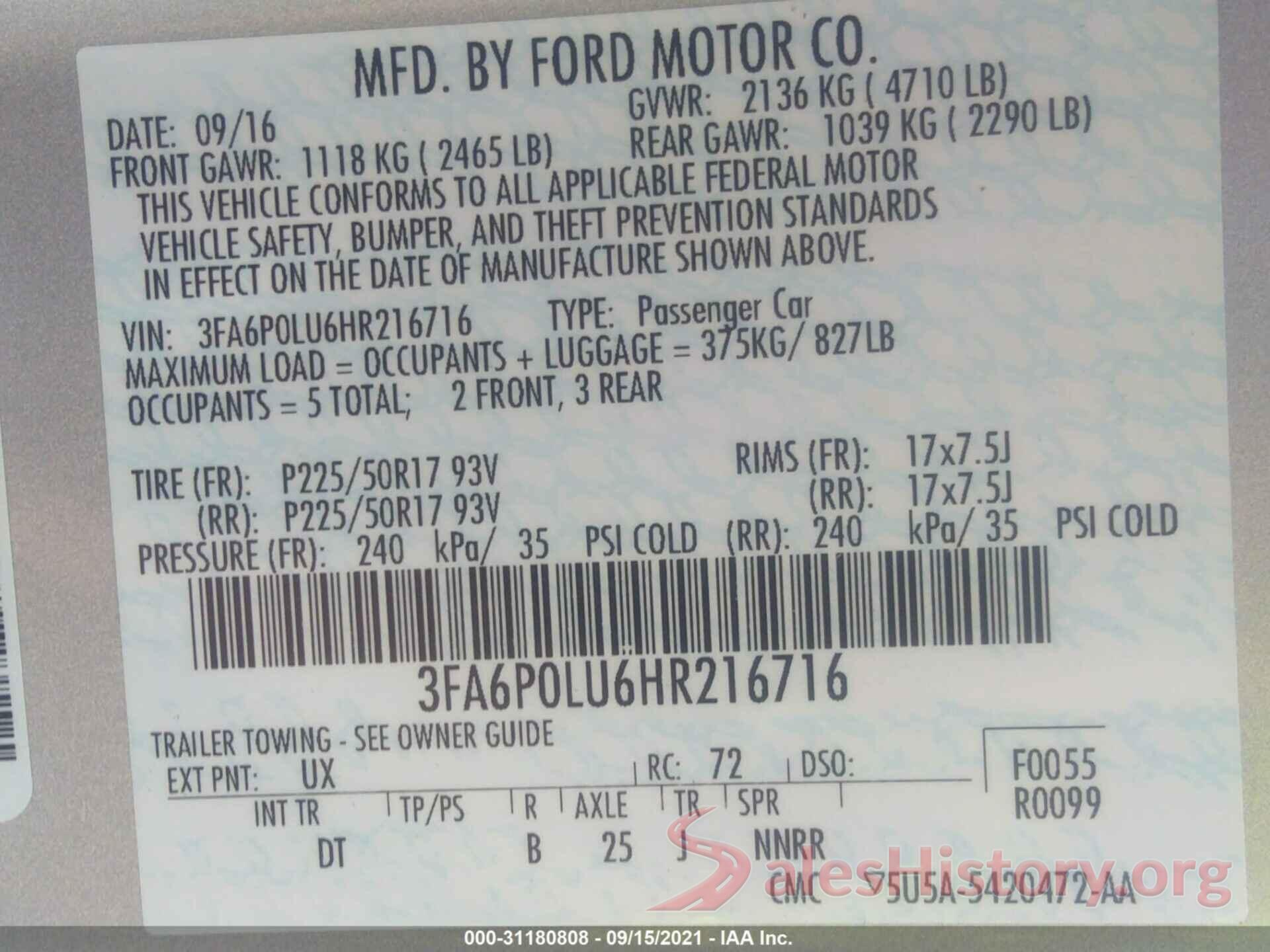 3FA6P0LU6HR216716 2017 FORD FUSION