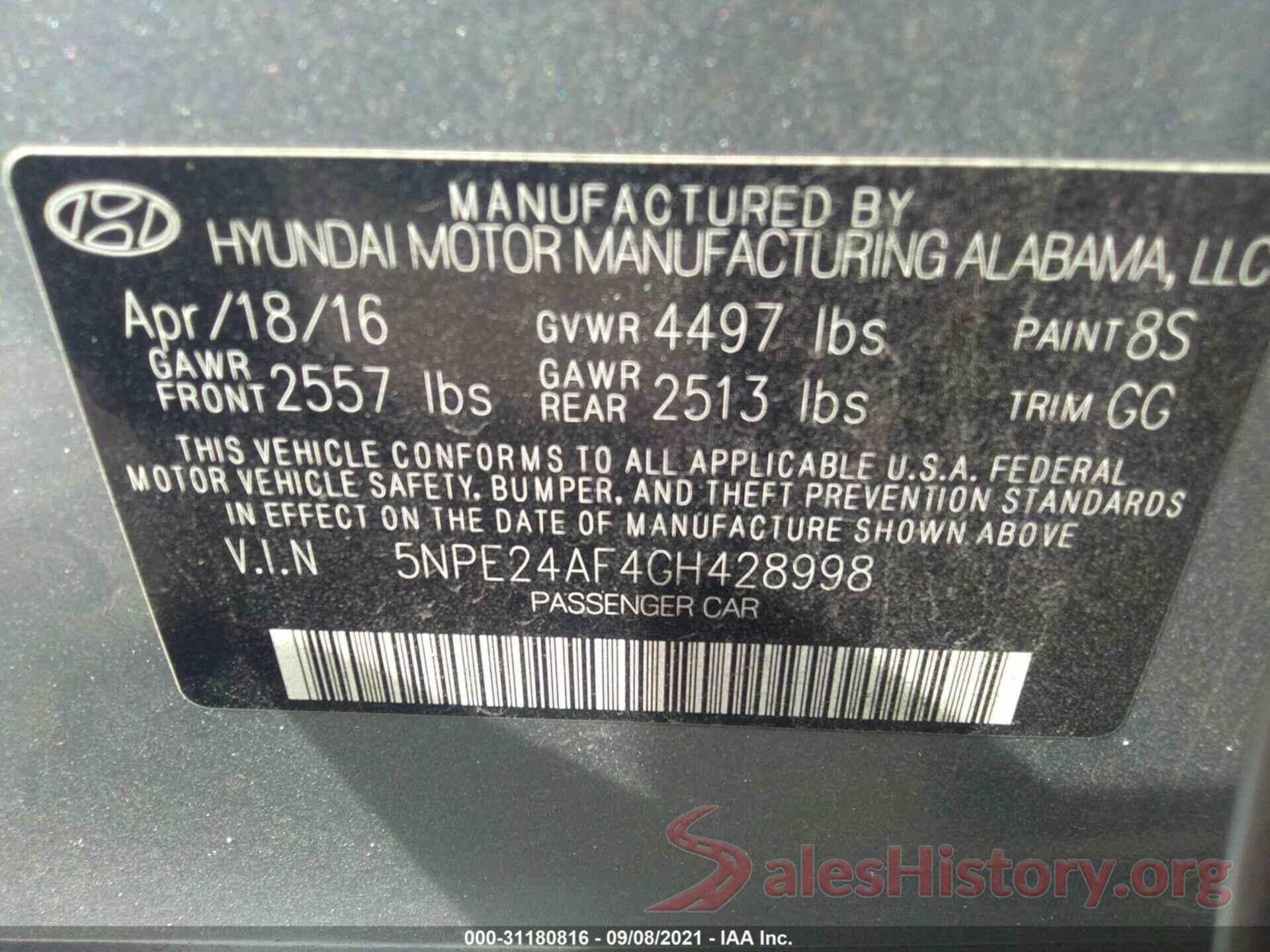 5NPE24AF4GH428998 2016 HYUNDAI SONATA