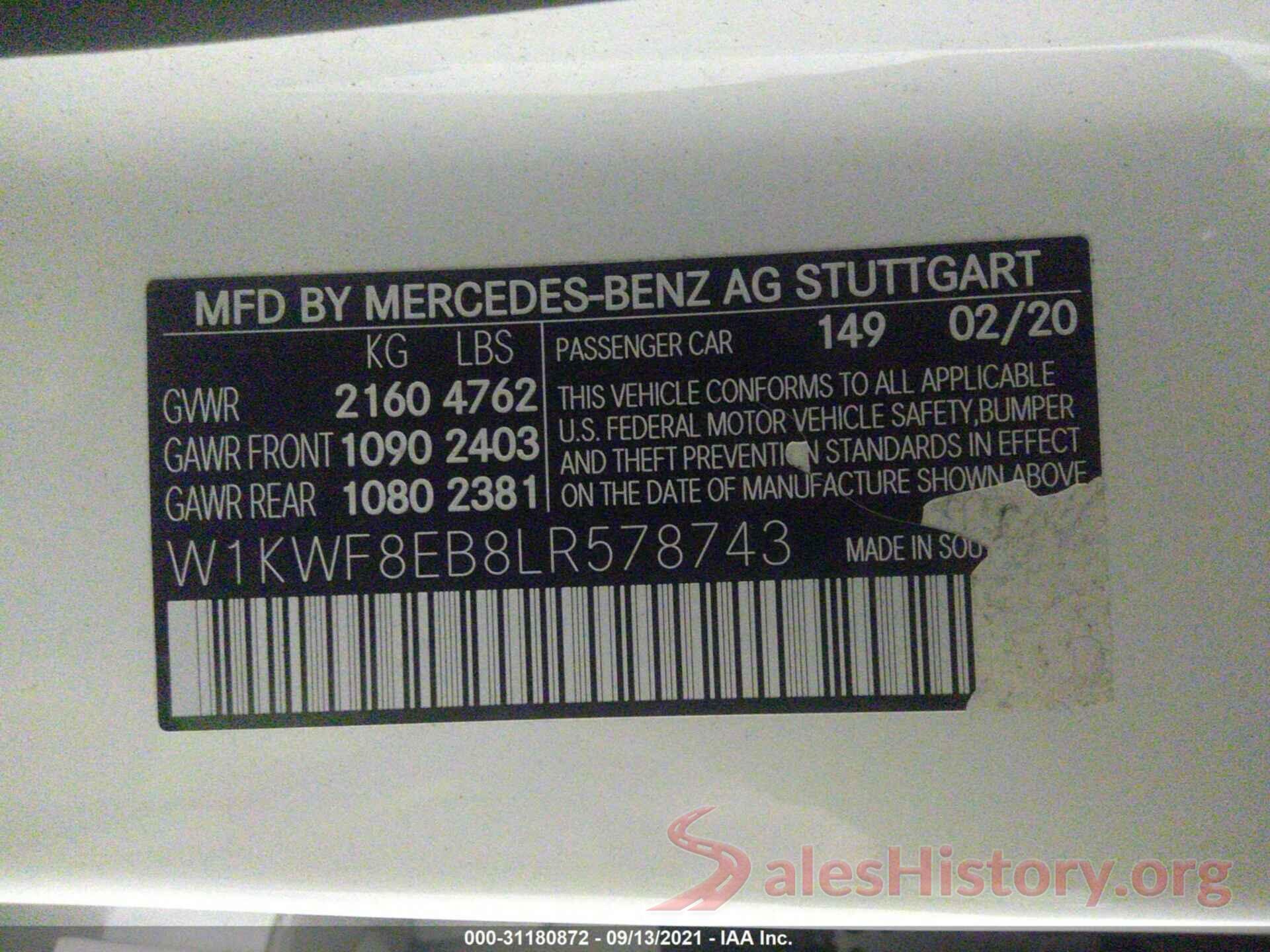 W1KWF8EB8LR578743 2020 MERCEDES-BENZ C-CLASS