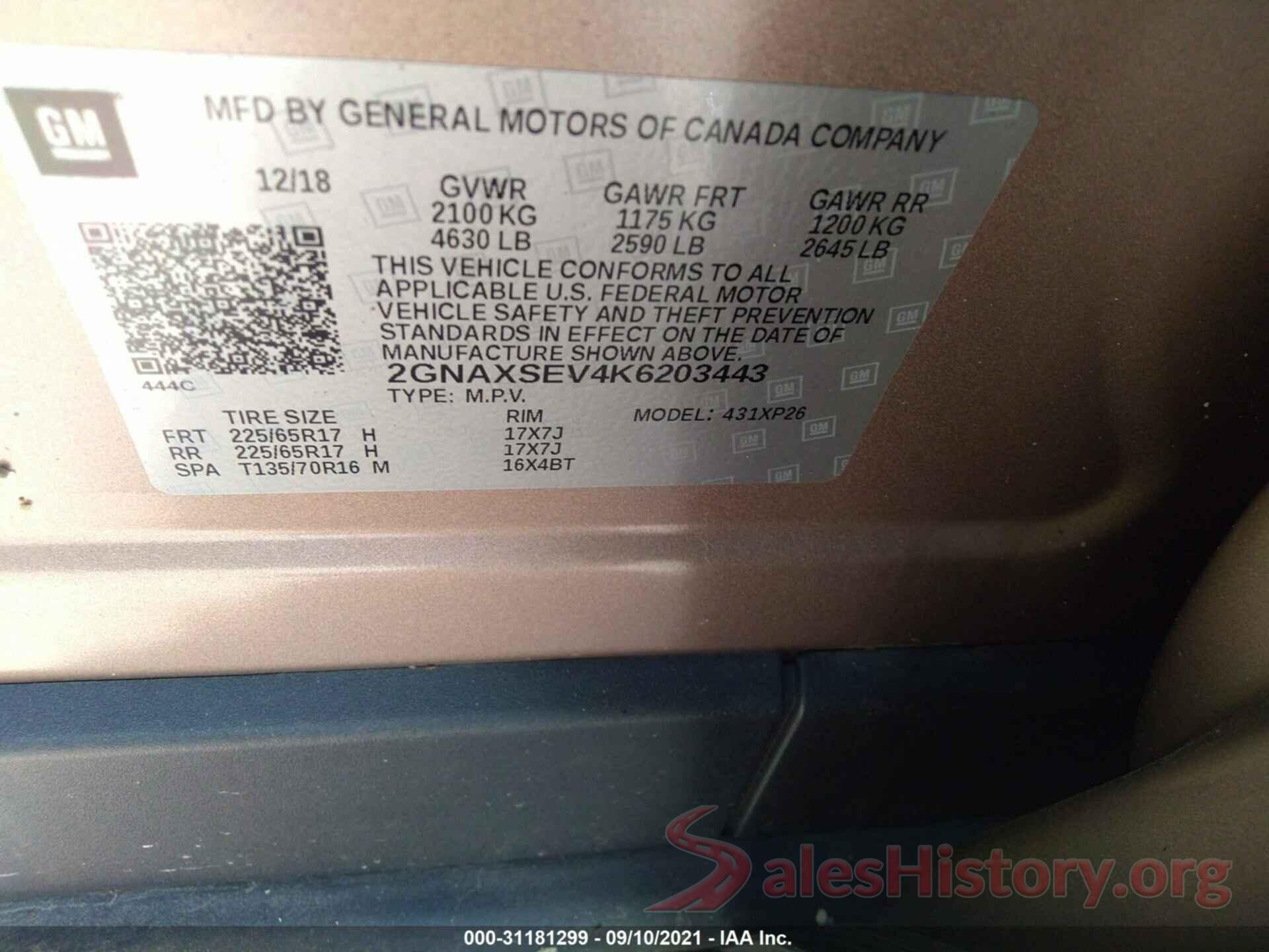 2GNAXSEV4K6203443 2019 CHEVROLET EQUINOX