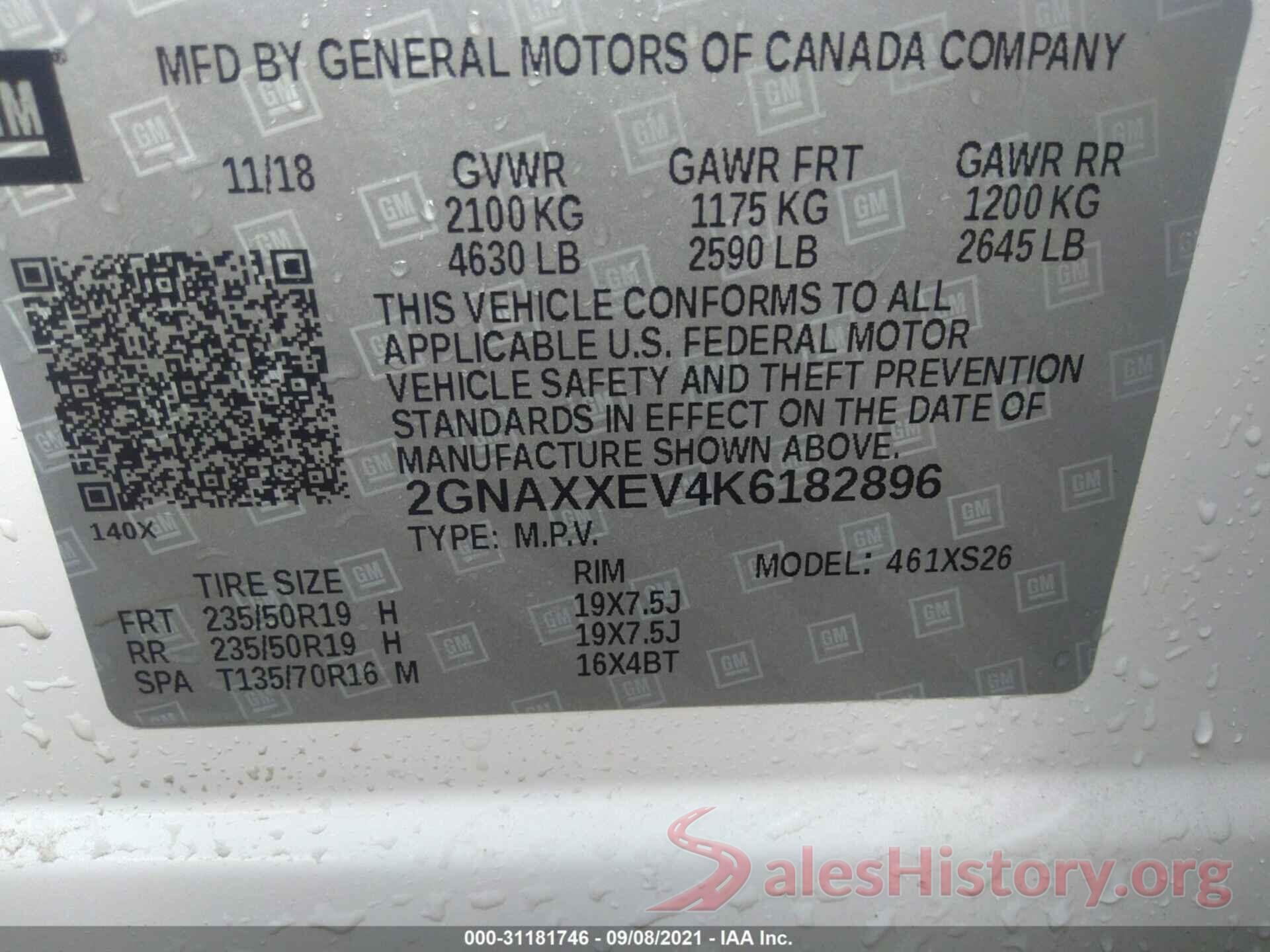 2GNAXXEV4K6182896 2019 CHEVROLET EQUINOX