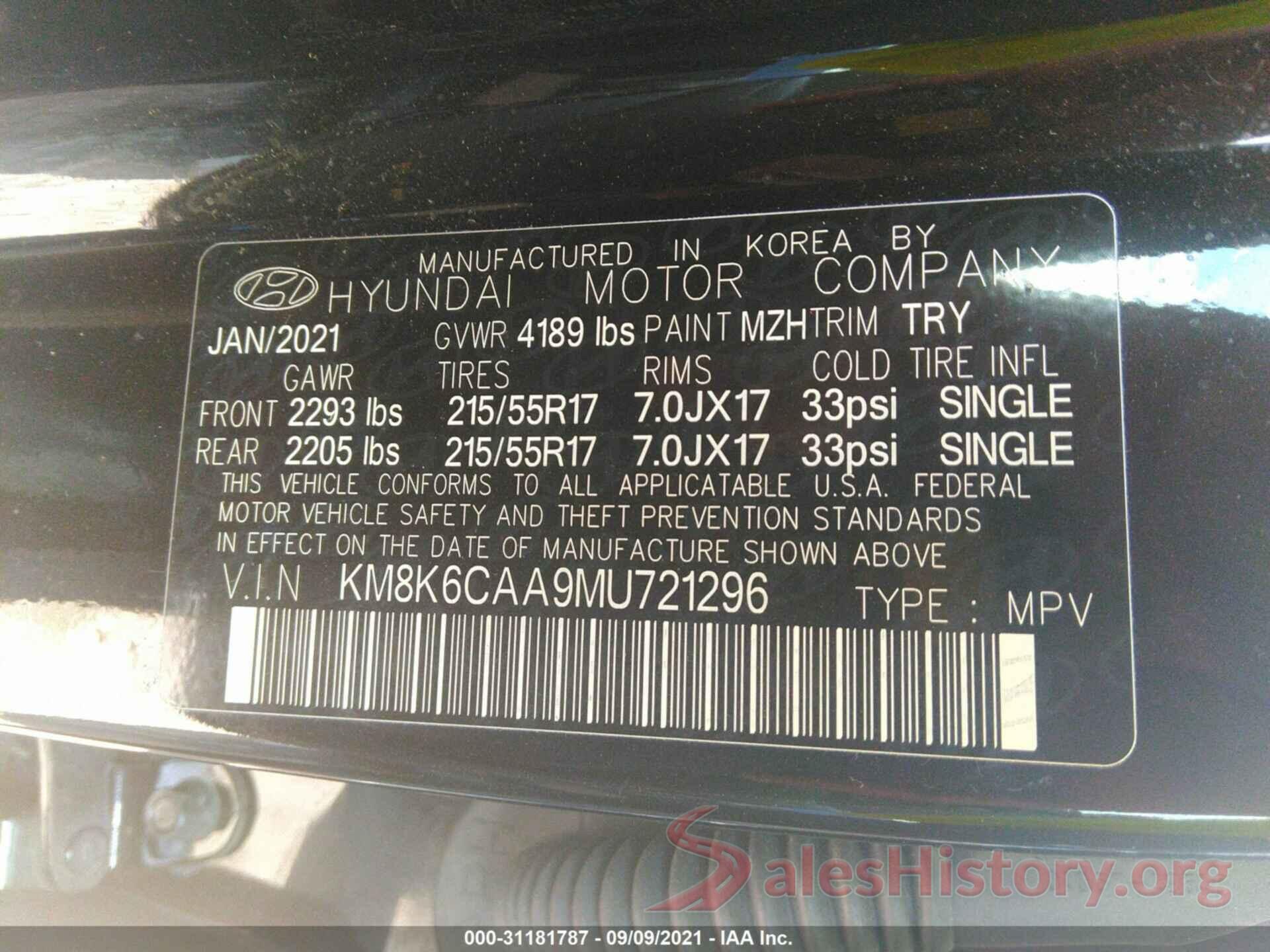 KM8K6CAA9MU721296 2021 HYUNDAI KONA