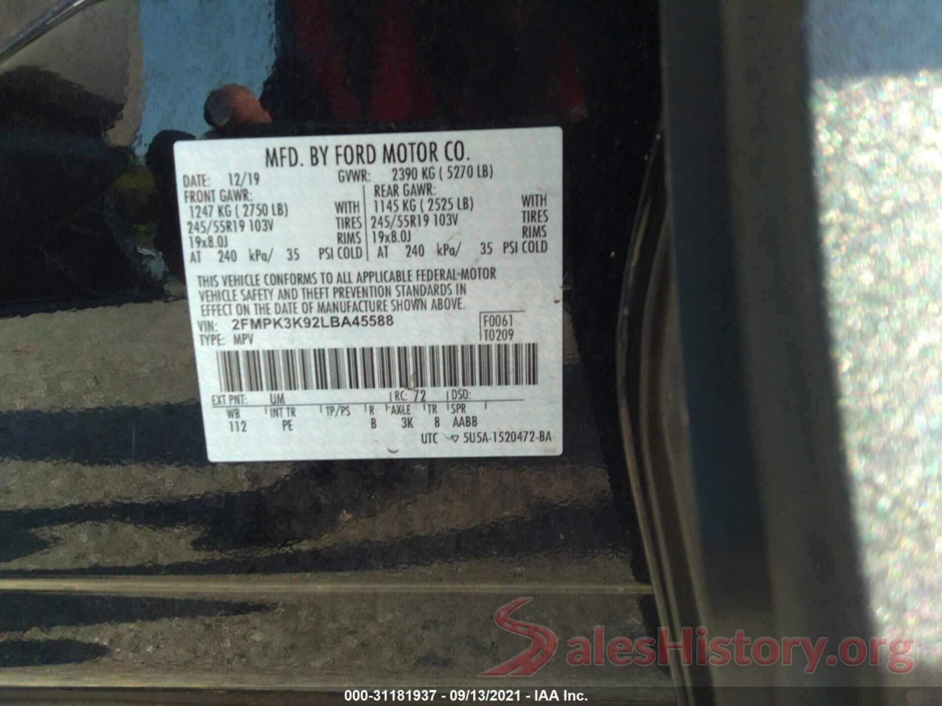 2FMPK3K92LBA45588 2020 FORD EDGE