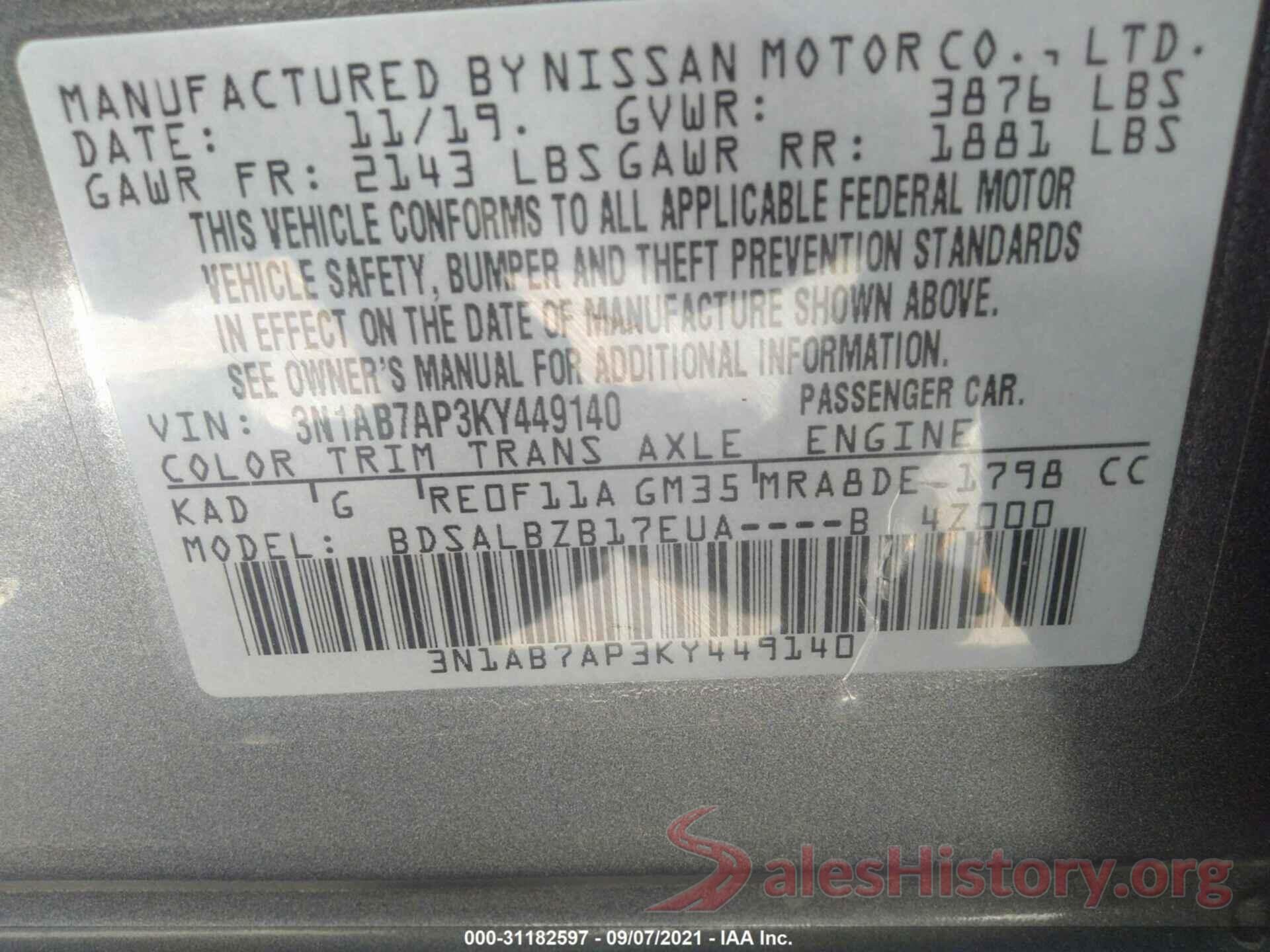 3N1AB7AP3KY449140 2019 NISSAN SENTRA