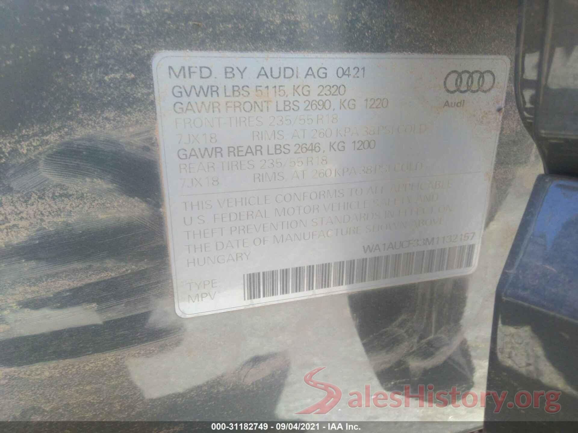 WA1AUCF33M1132157 2021 AUDI Q3