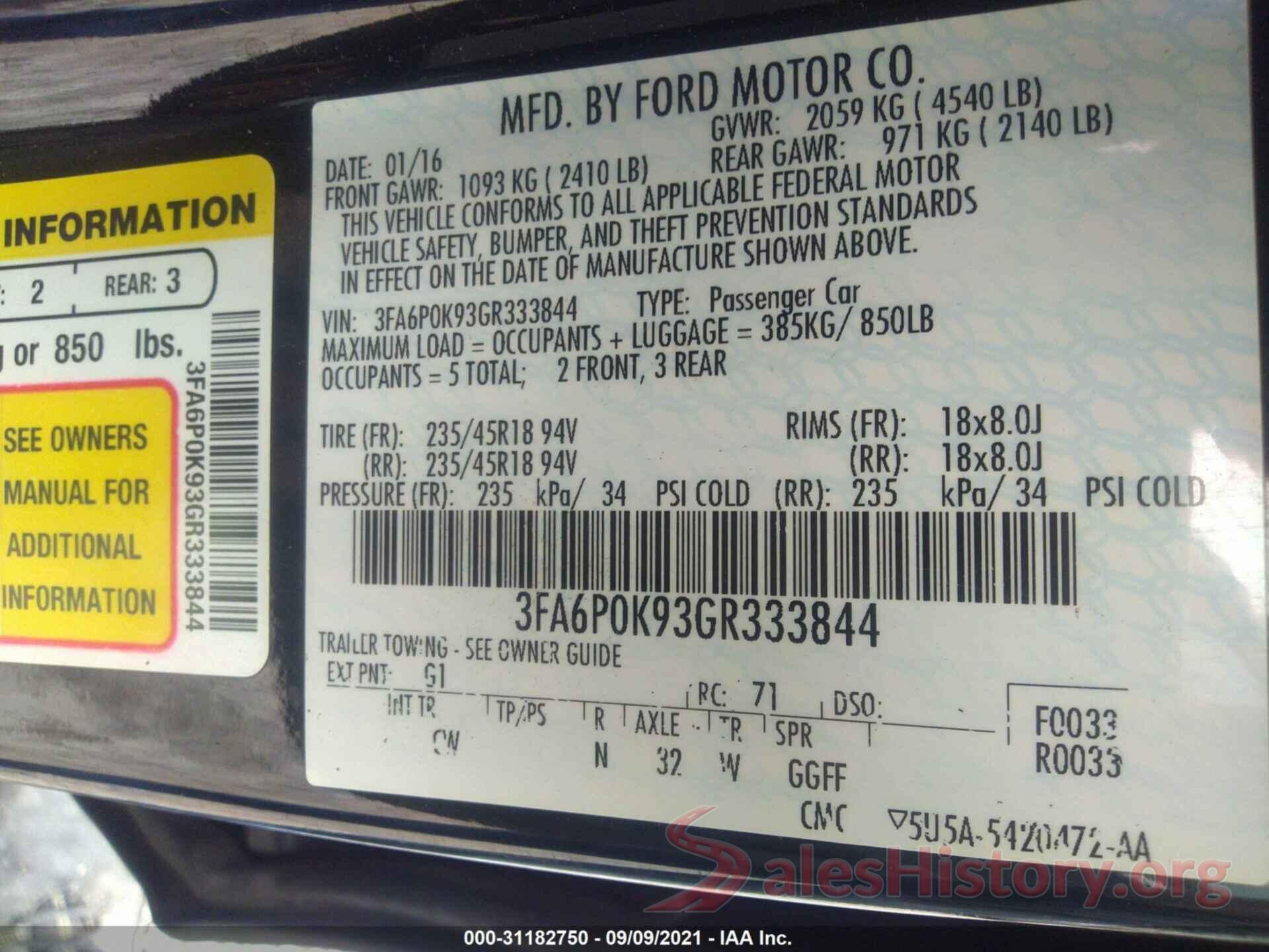 3FA6P0K93GR333844 2016 FORD FUSION