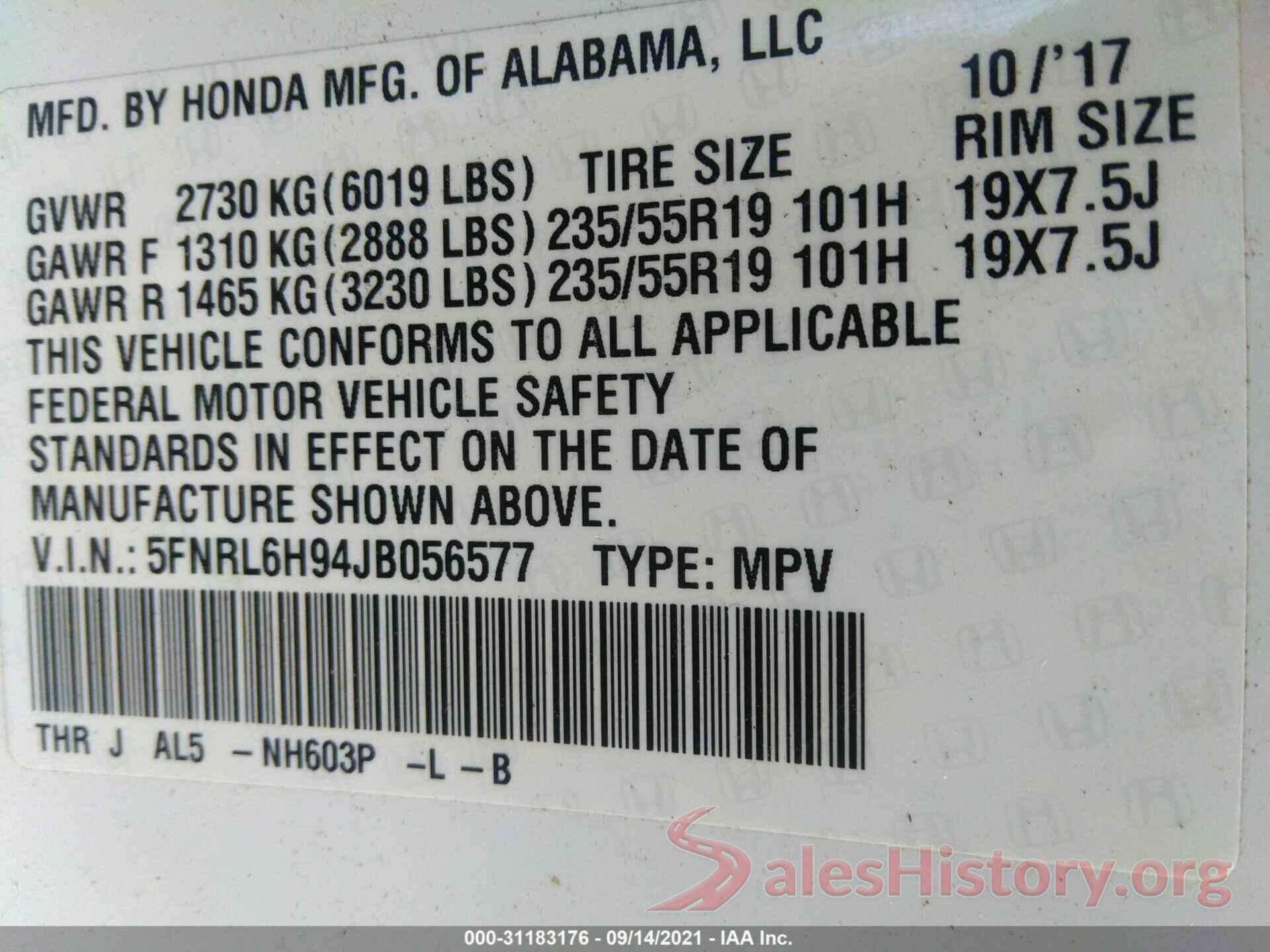 5FNRL6H94JB056577 2018 HONDA ODYSSEY