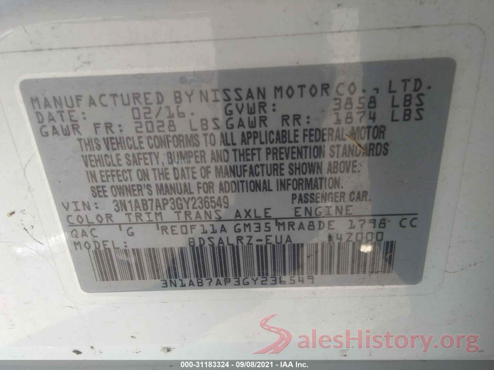 3N1AB7AP3GY236549 2016 NISSAN SENTRA