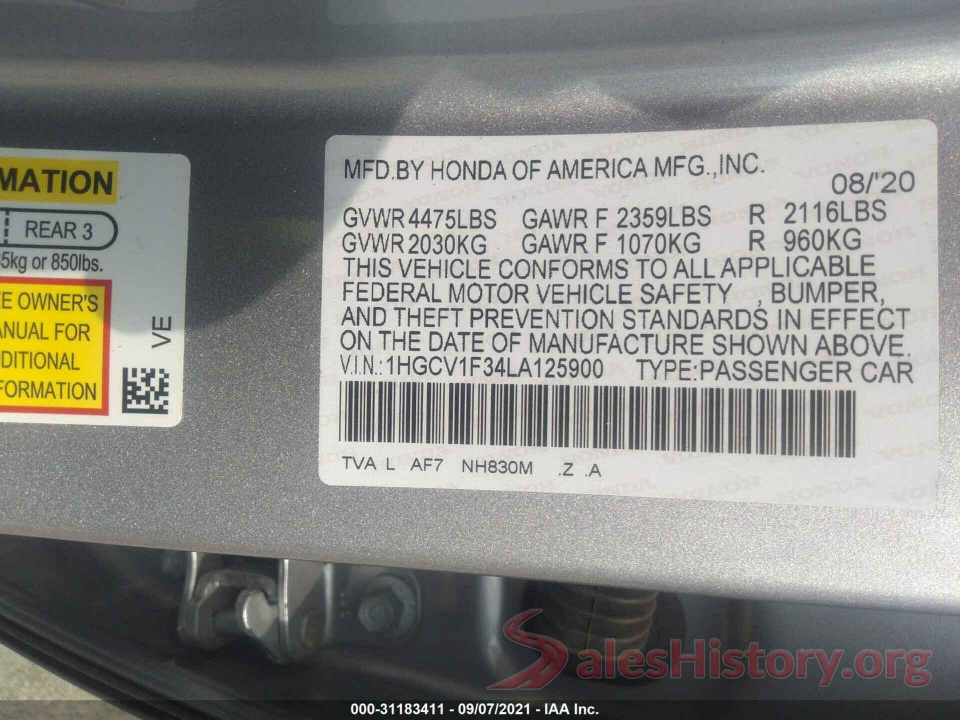 1HGCV1F34LA125900 2020 HONDA ACCORD SEDAN