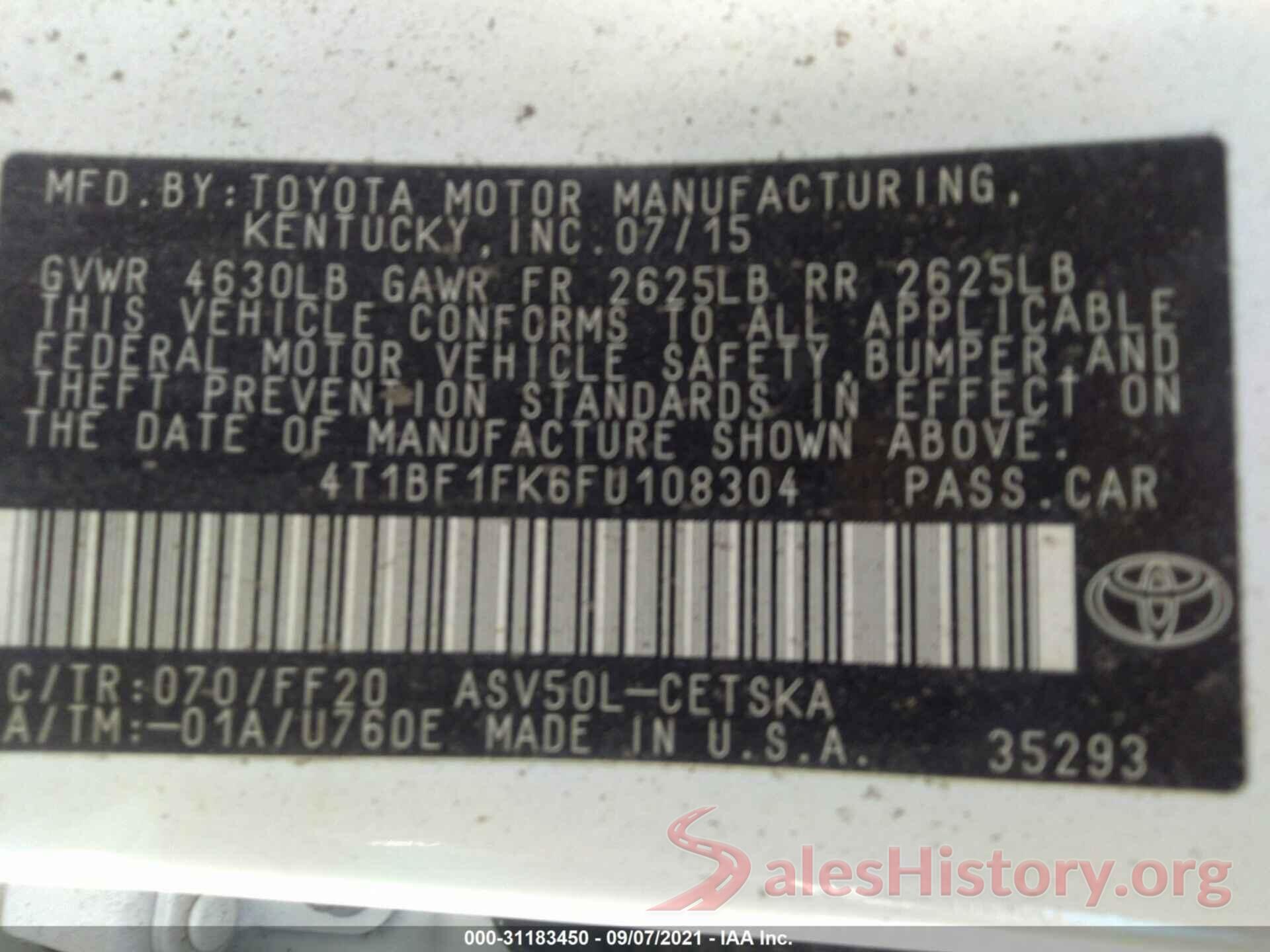 4T1BF1FK6FU108304 2015 TOYOTA CAMRY