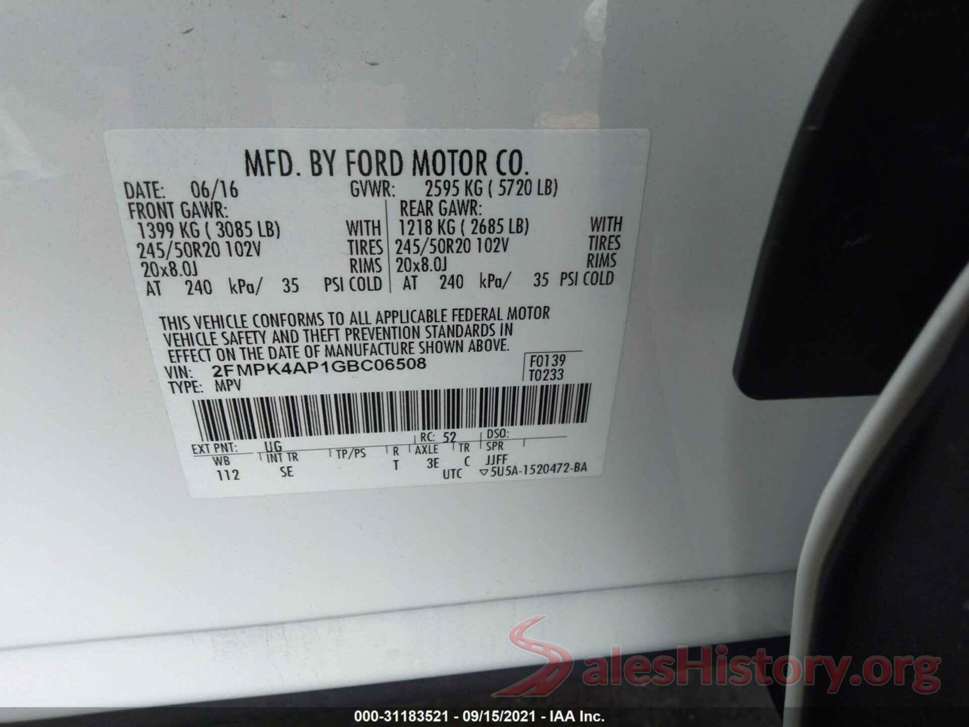 2FMPK4AP1GBC06508 2016 FORD EDGE