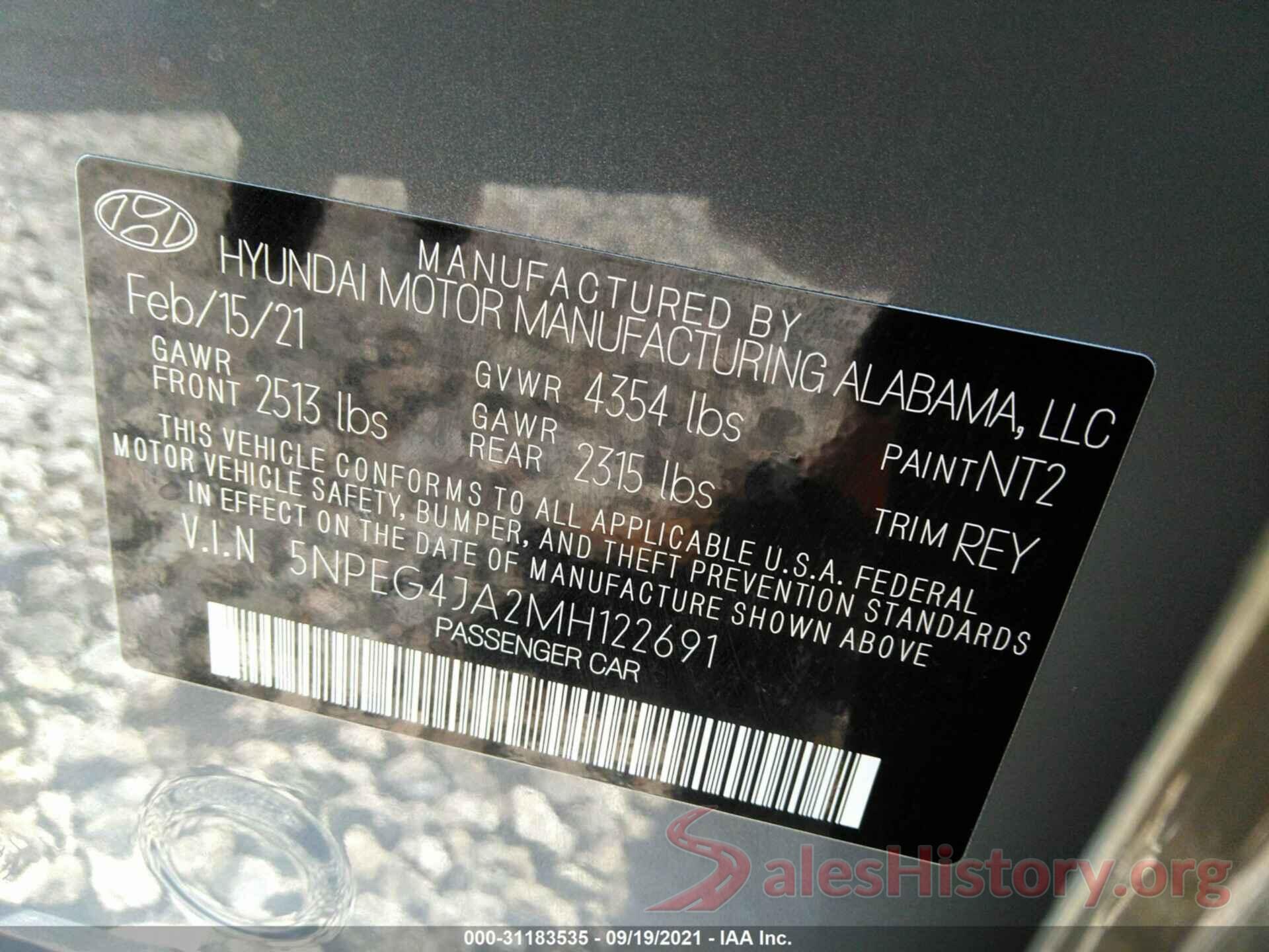 5NPEG4JA2MH122691 2021 HYUNDAI SONATA