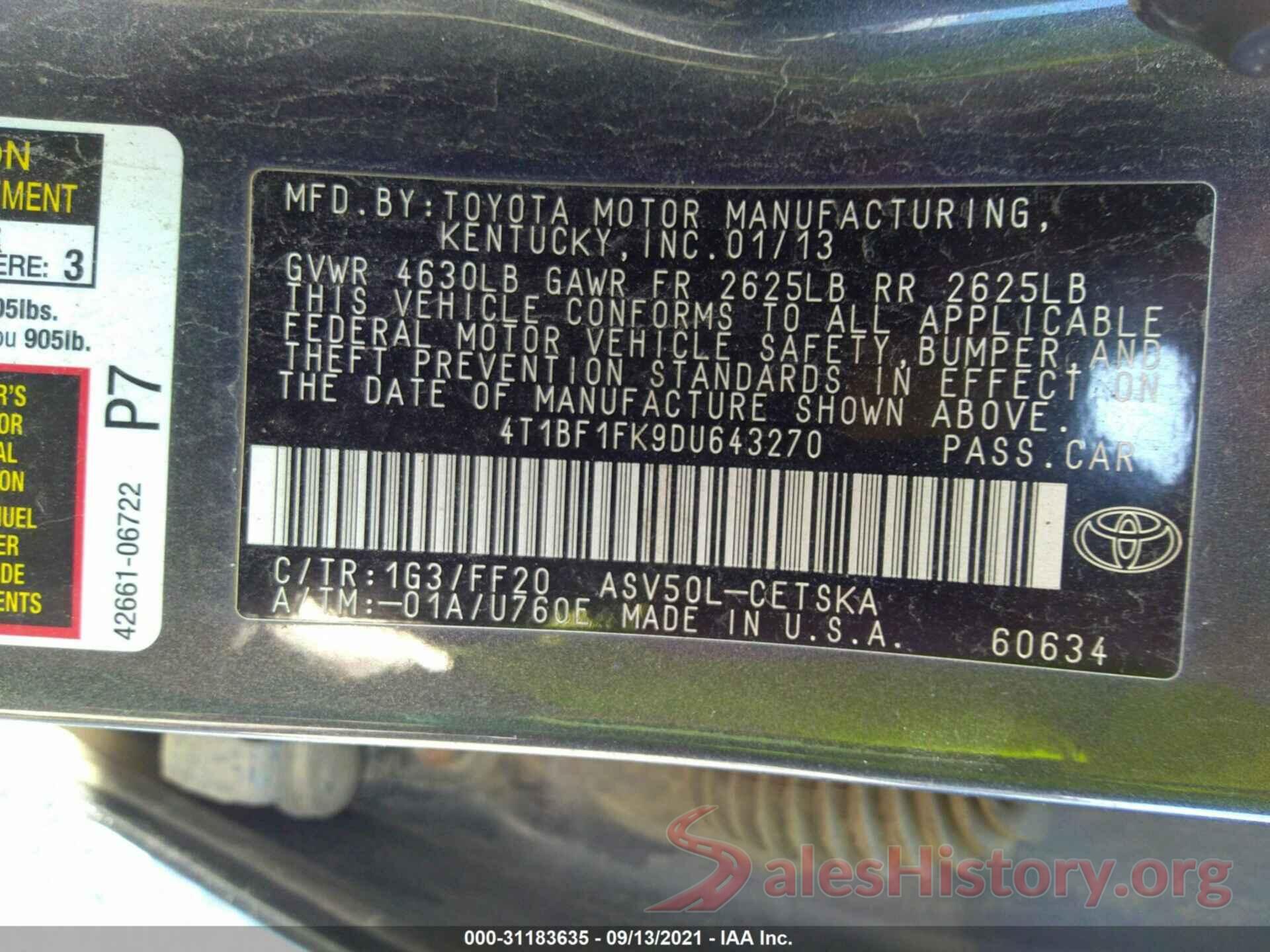 4T1BF1FK9DU643270 2013 TOYOTA CAMRY