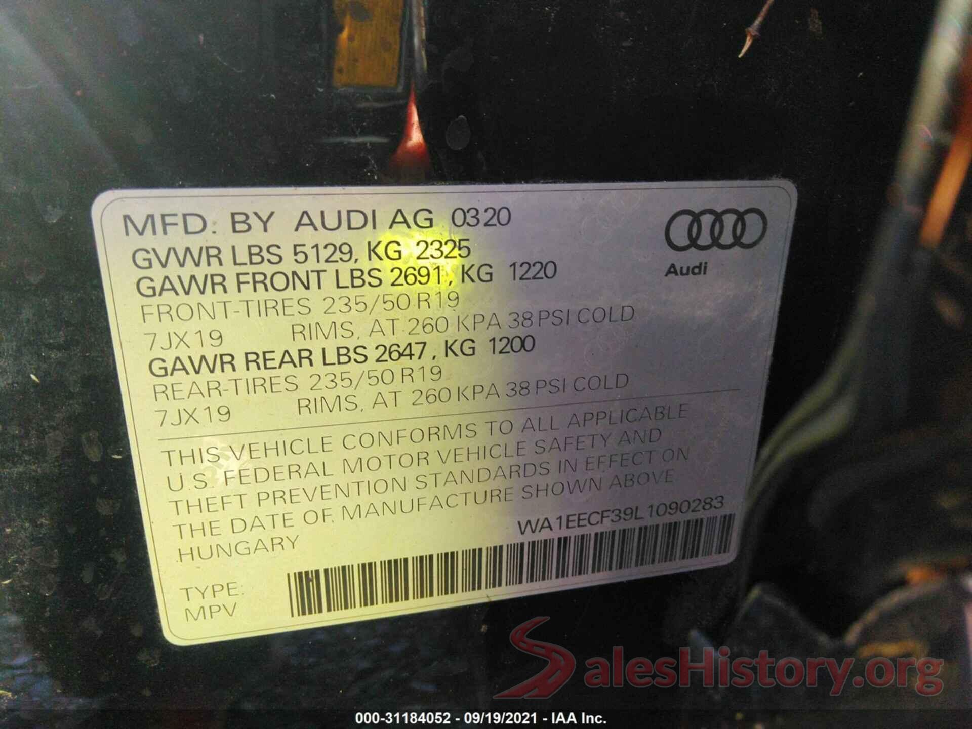 WA1EECF39L1090283 2020 AUDI Q3