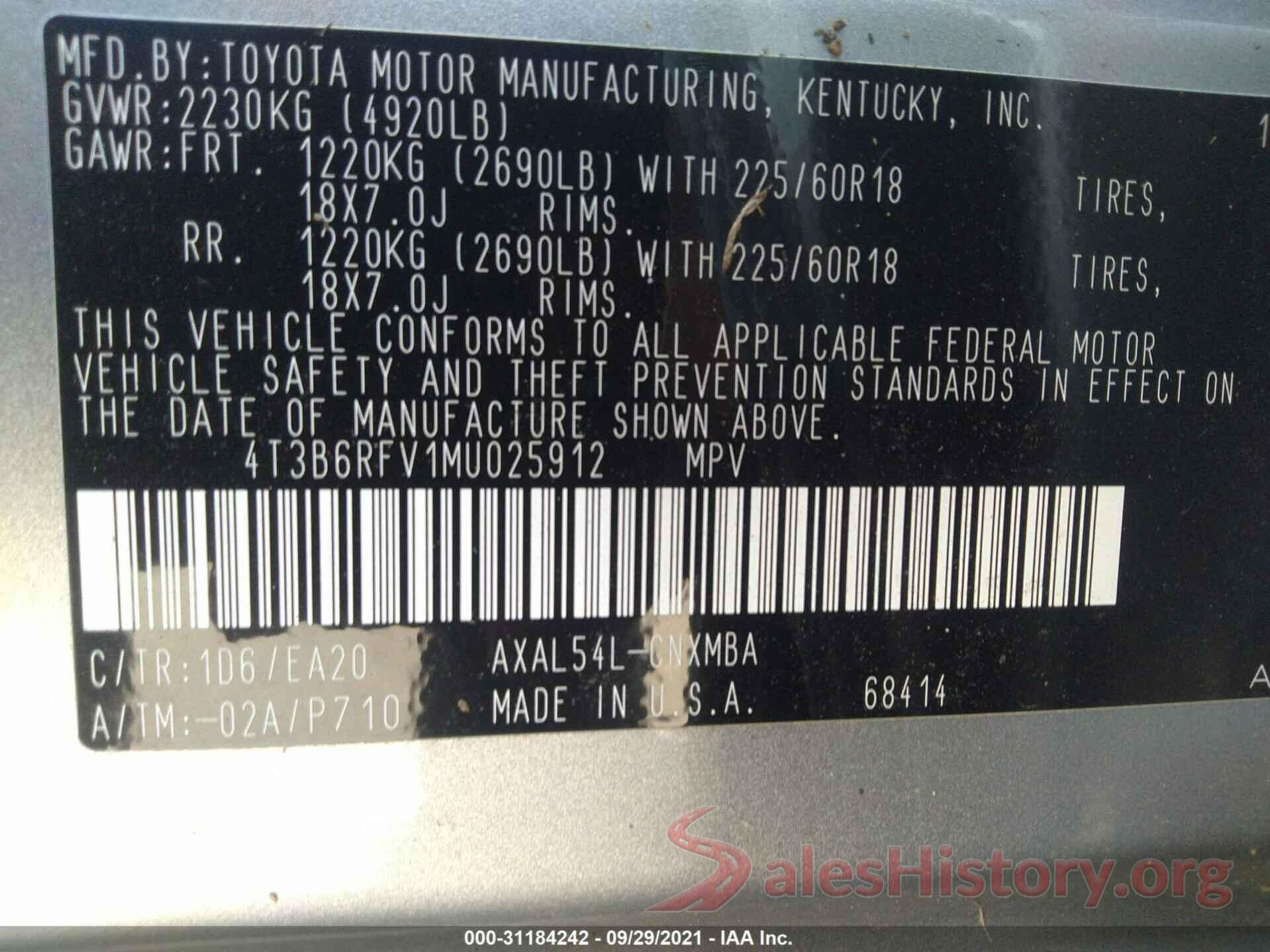 4T3B6RFV1MU025912 2021 TOYOTA RAV4