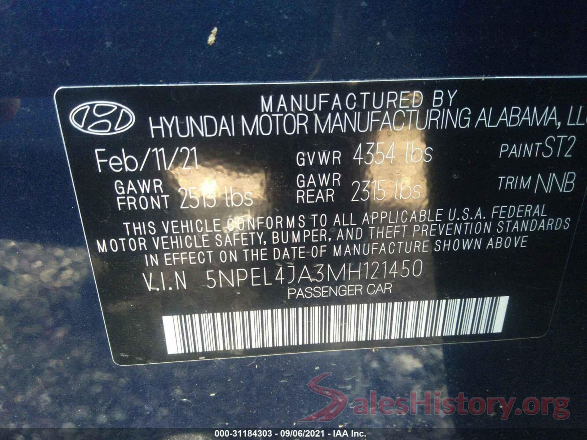 5NPEL4JA3MH121450 2021 HYUNDAI SONATA