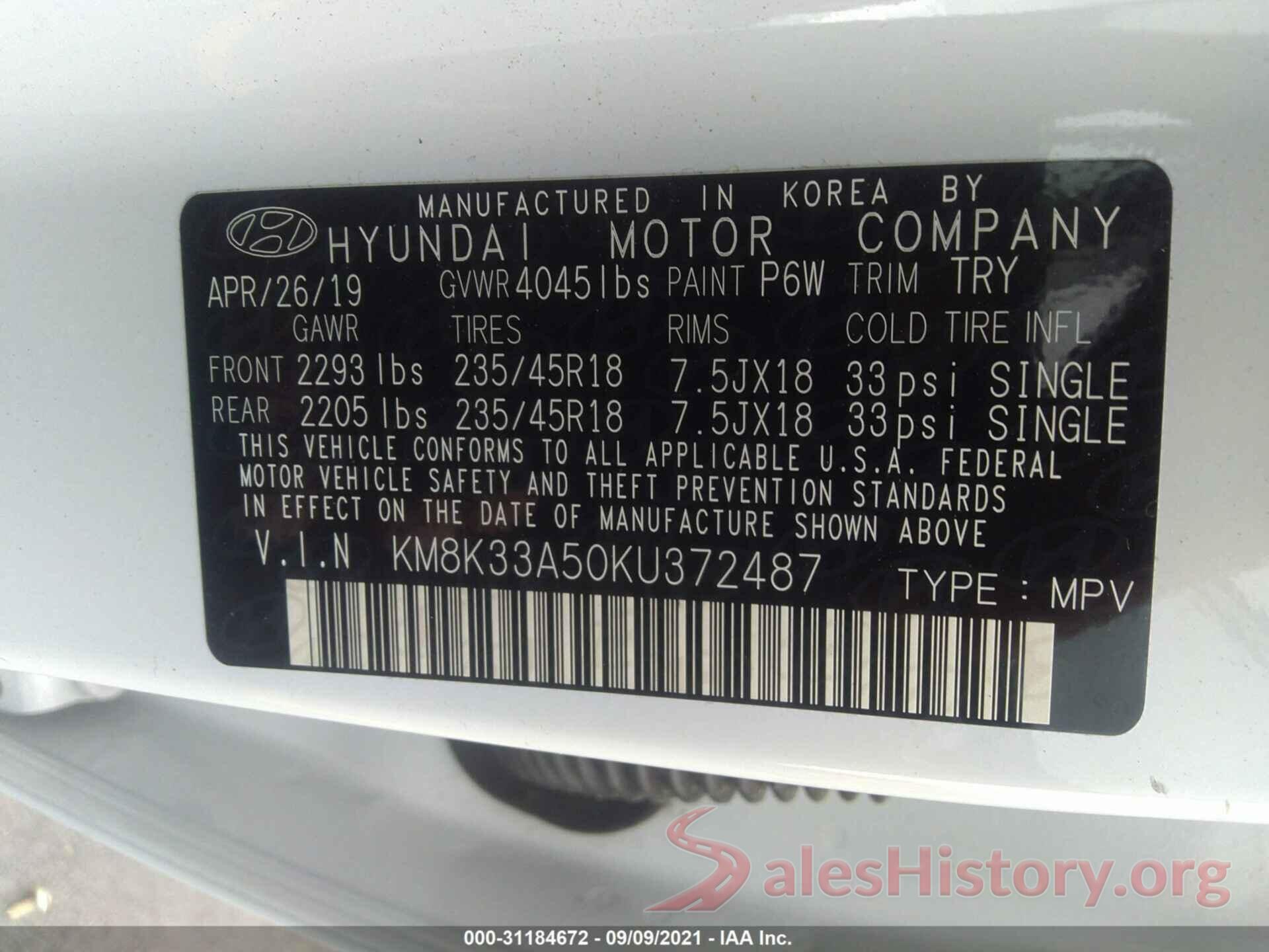 KM8K33A50KU372487 2019 HYUNDAI KONA