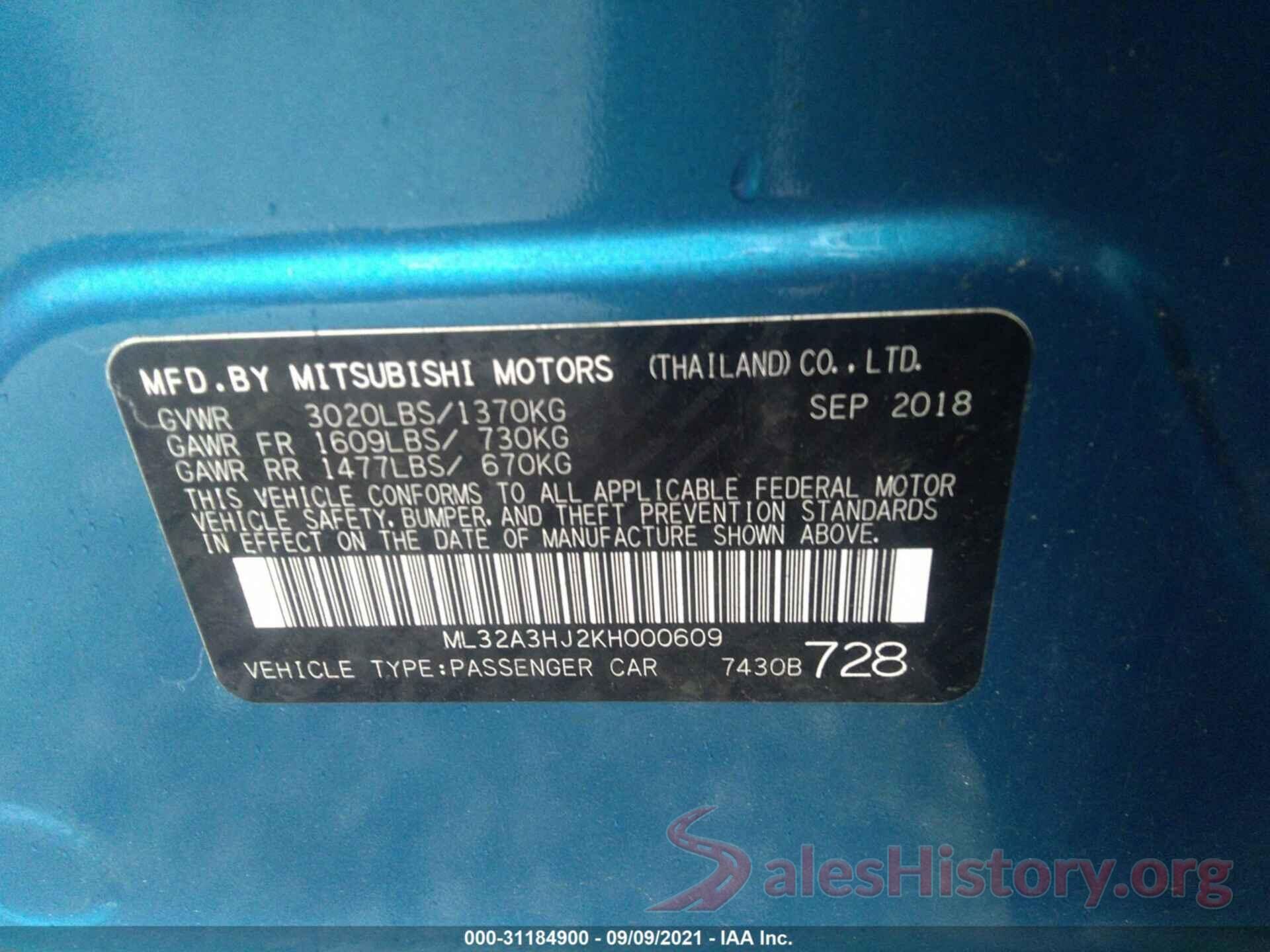 ML32A3HJ2KH000609 2019 MITSUBISHI MIRAGE