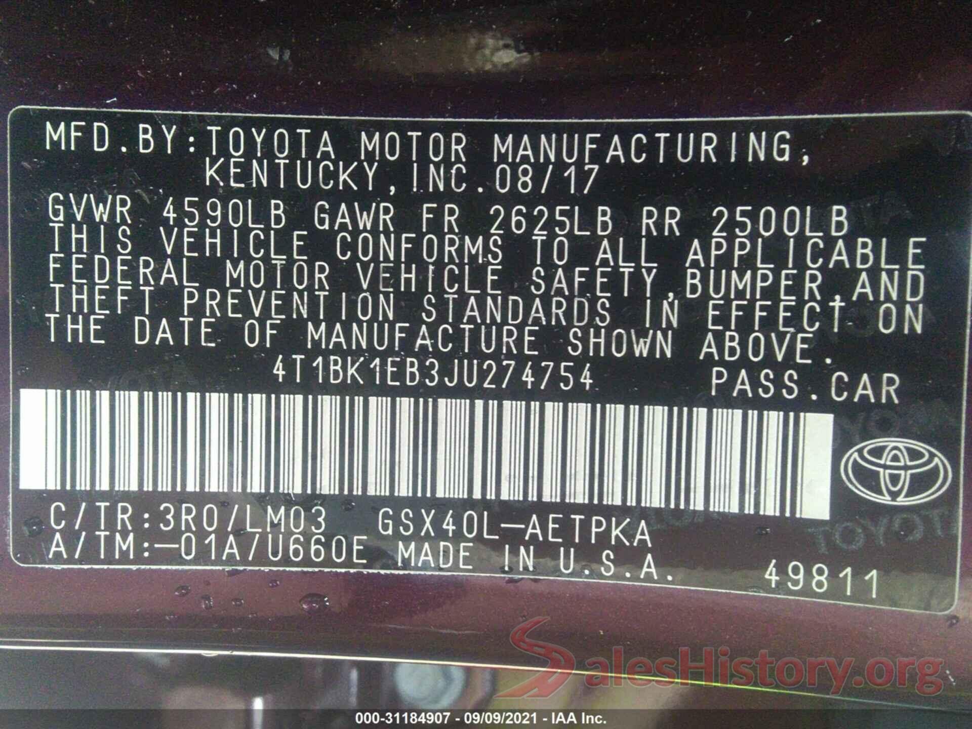 4T1BK1EB3JU274754 2018 TOYOTA AVALON