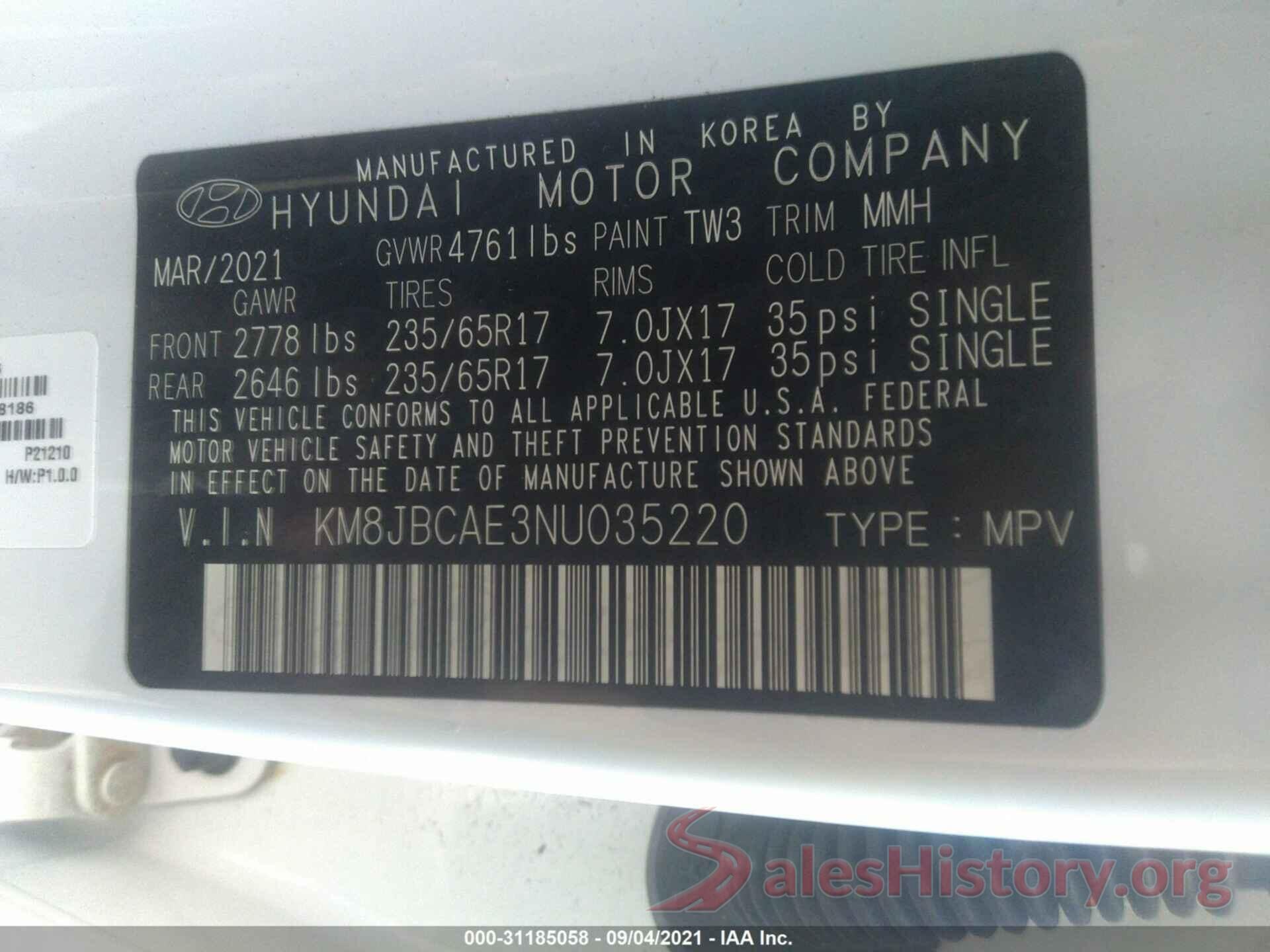 KM8JBCAE3NU035220 2022 HYUNDAI TUCSON