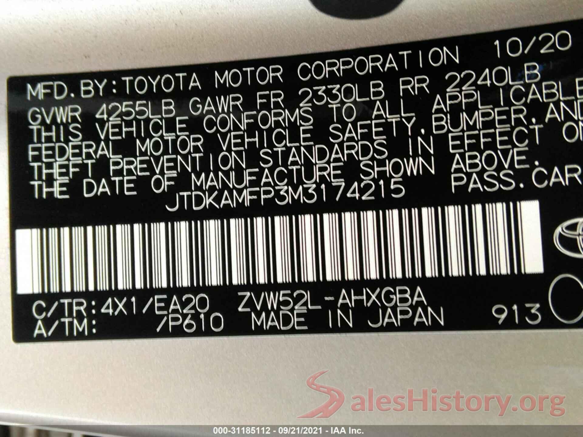 JTDKAMFP3M3174215 2021 TOYOTA PRIUS PRIME