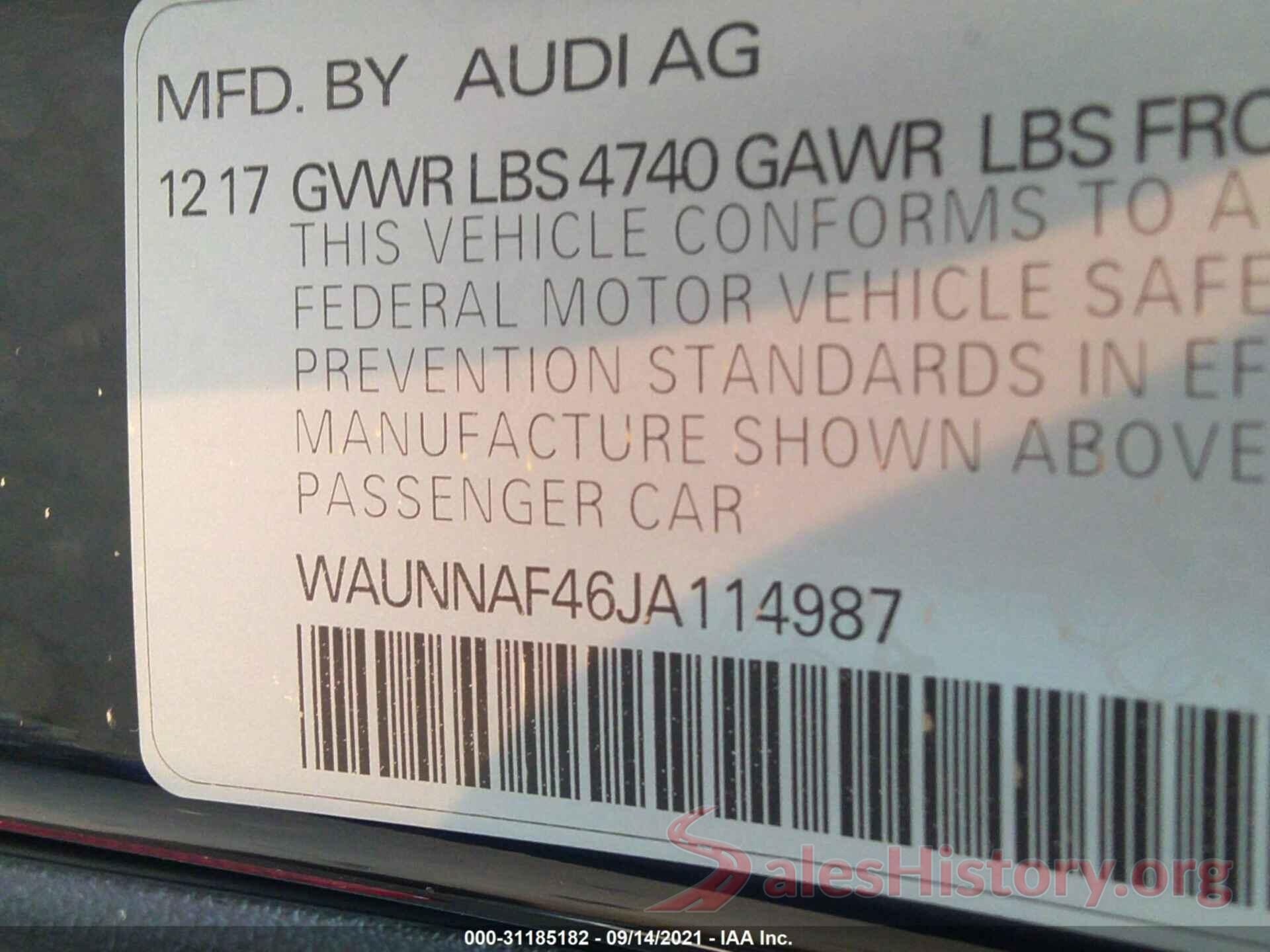 WAUNNAF46JA114987 2018 AUDI A4