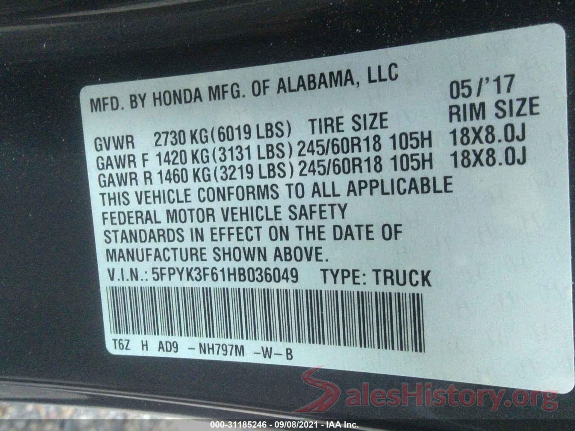 5FPYK3F61HB036049 2017 HONDA RIDGELINE