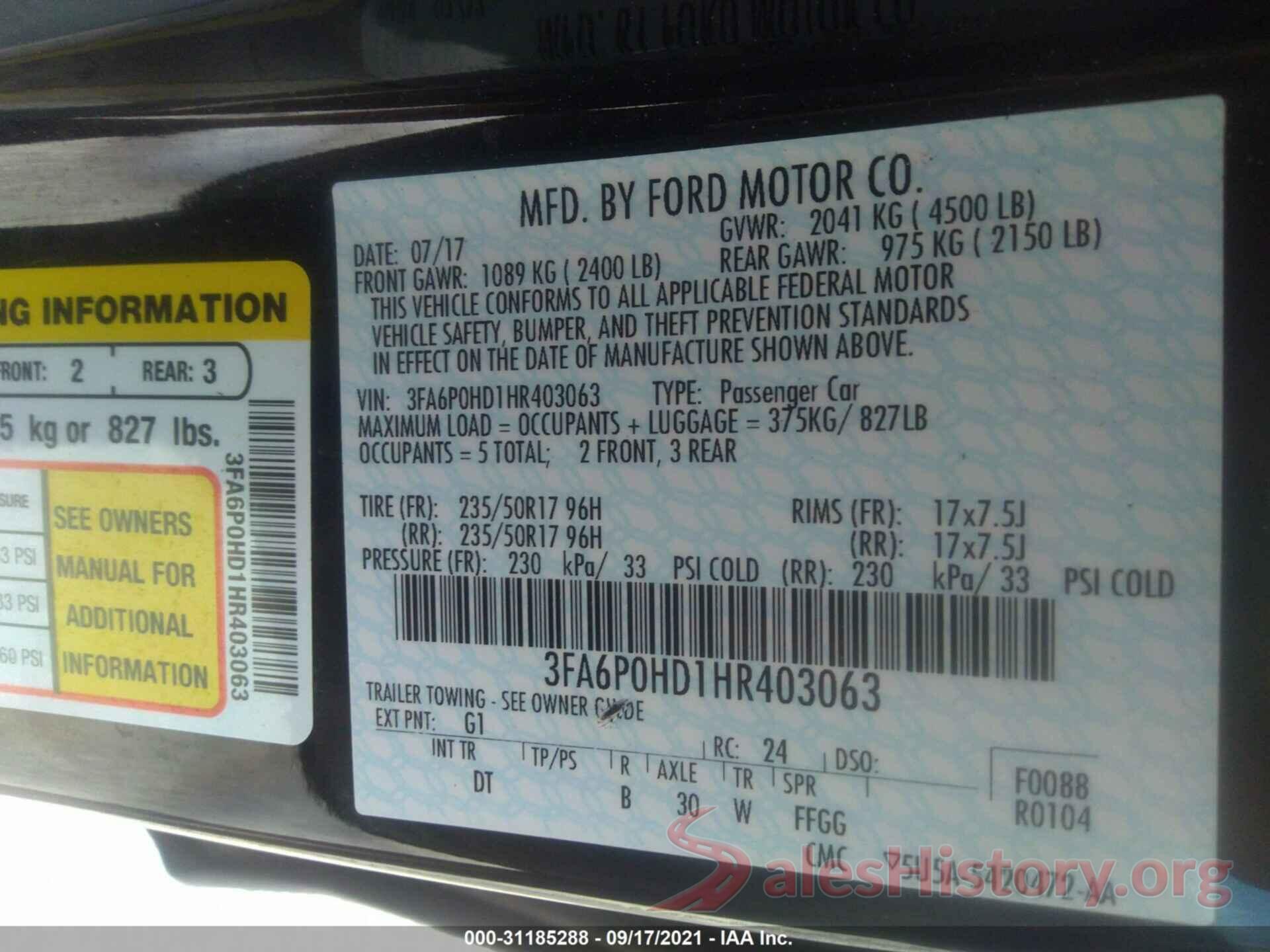 3FA6P0HD1HR403063 2017 FORD FUSION