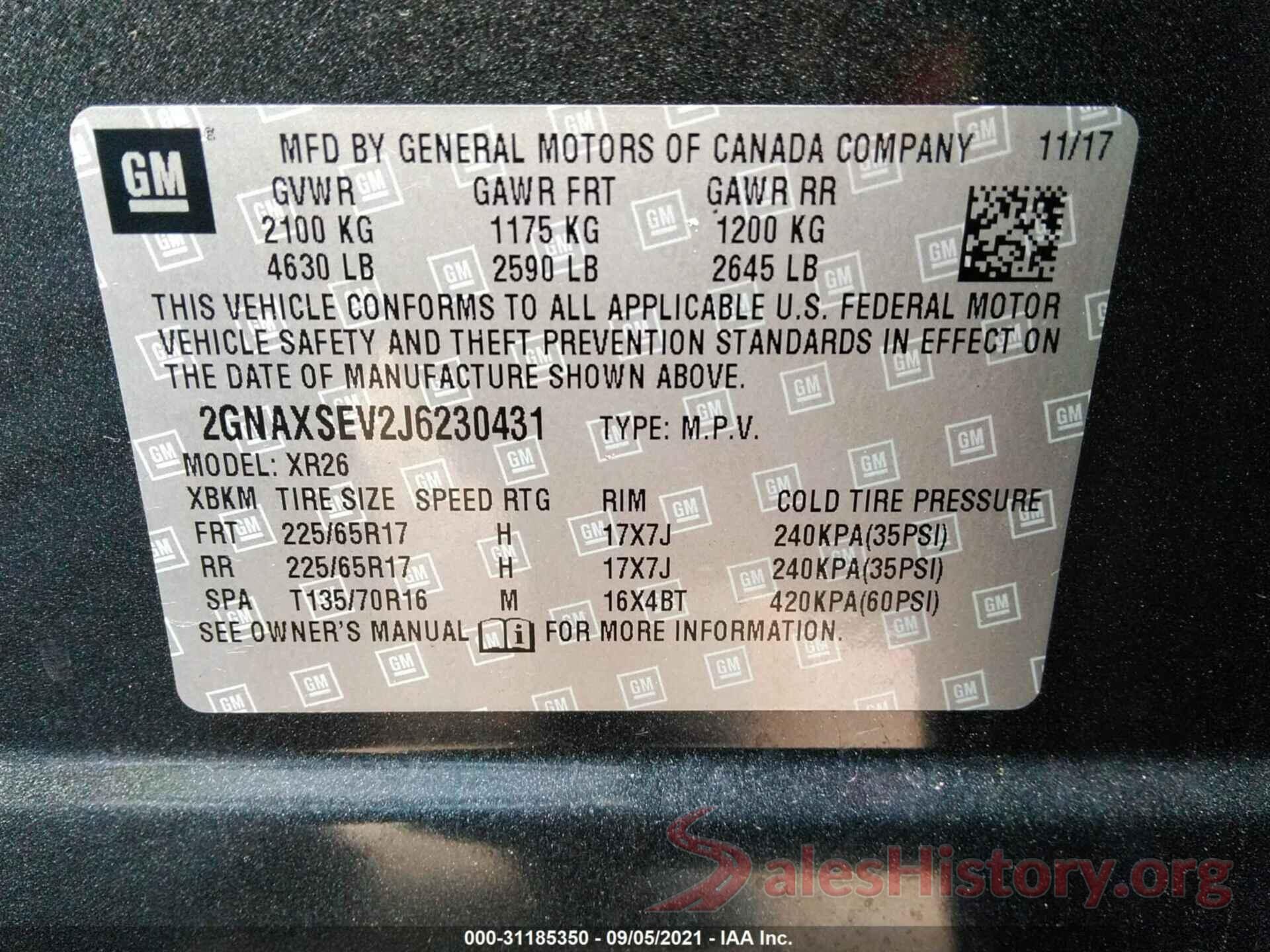 2GNAXSEV2J6230431 2018 CHEVROLET EQUINOX