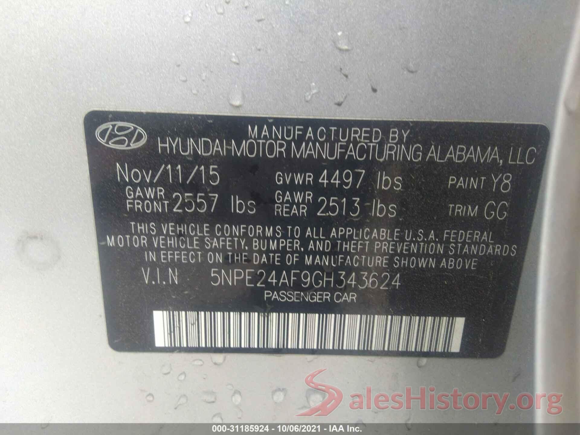 5NPE24AF9GH343624 2016 HYUNDAI SONATA