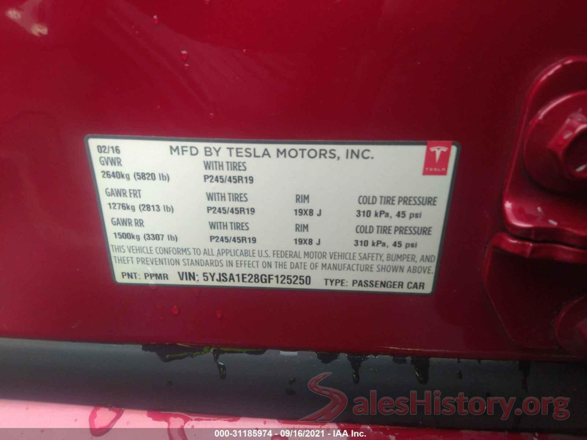 5YJSA1E28GF125250 2016 TESLA MODEL S